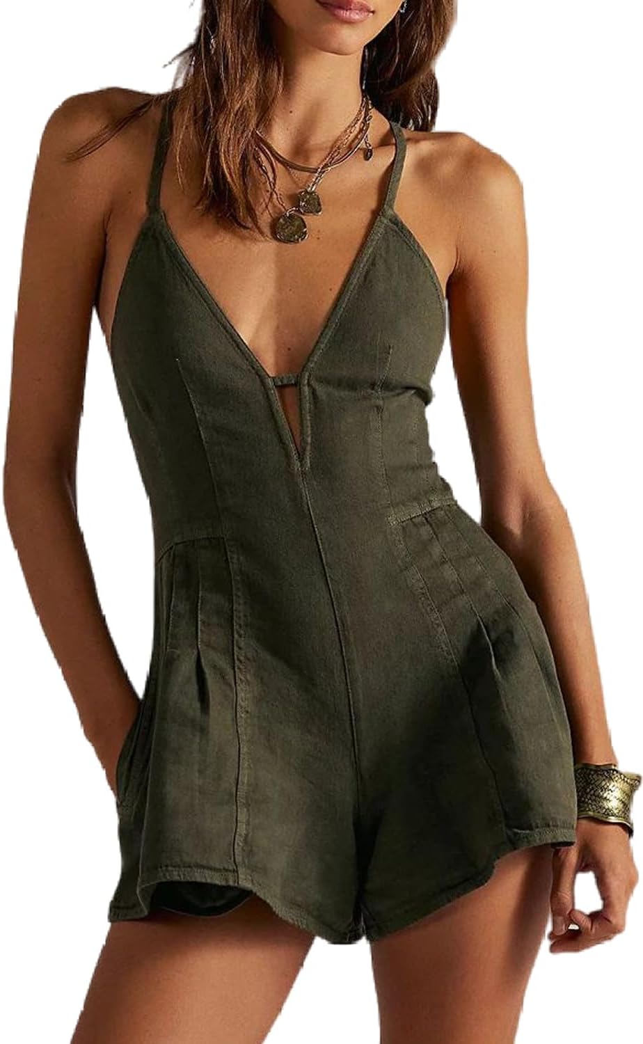 yoeasy Women's Sleeveless Deep V Neck Shorts Denim Romper Spaghetti Strap Tie Backless Ruffle Jean Overalls