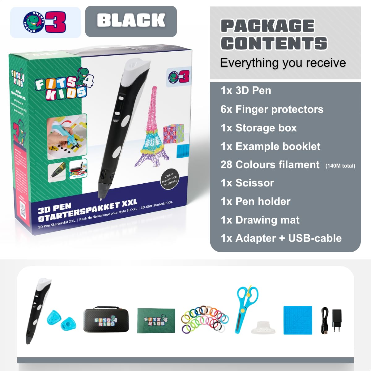 Set de iniciación para impresora 3D, regalo para niños, XXL, con filamento PLA de 140 m de 1,75 mm y accesorios (negro)