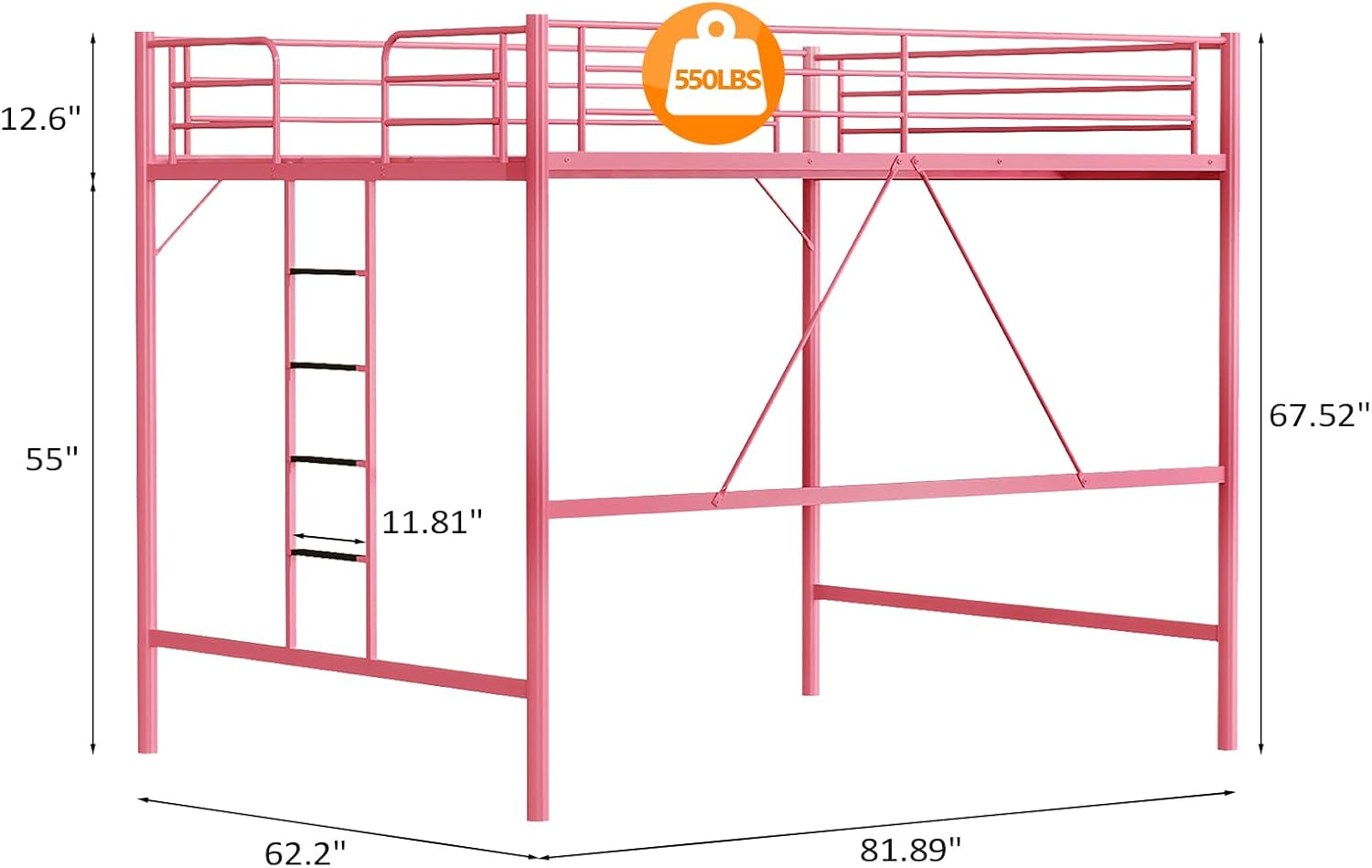 Dimensional diagram of the VINGLI Queen Loft Bed, showing height, length, and width measurements.