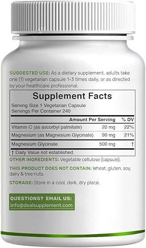 Vista 6 de Glicinato de magnesio 500 mg, 240 cápsulas vegetarianas 100% quelado para una fácil absorción Suplemento mineral esencial para la salud