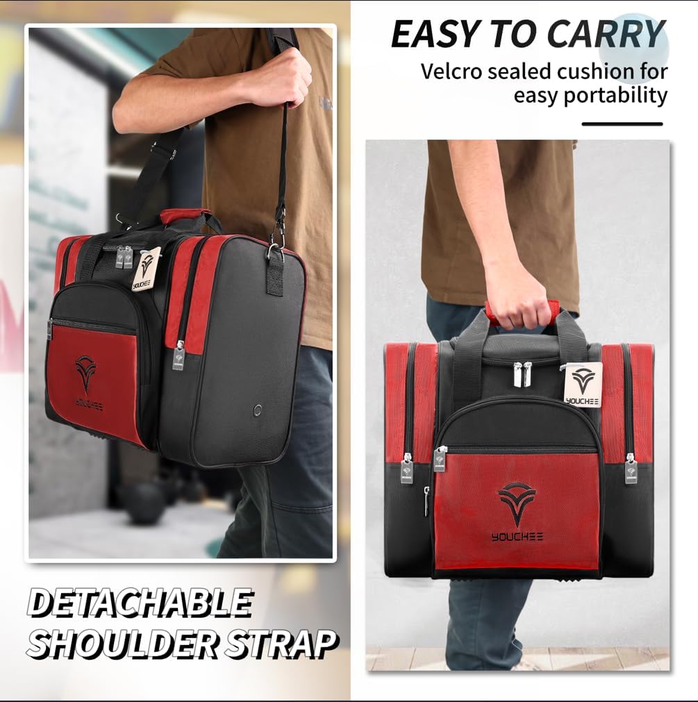Single Ball Bowling Bag with Padded Ball Cup, Fits Men's Bowling Shoes Up to Size 15, Durable 600D Fabric Bowling Tote with Accessory Pockets for League & Practice