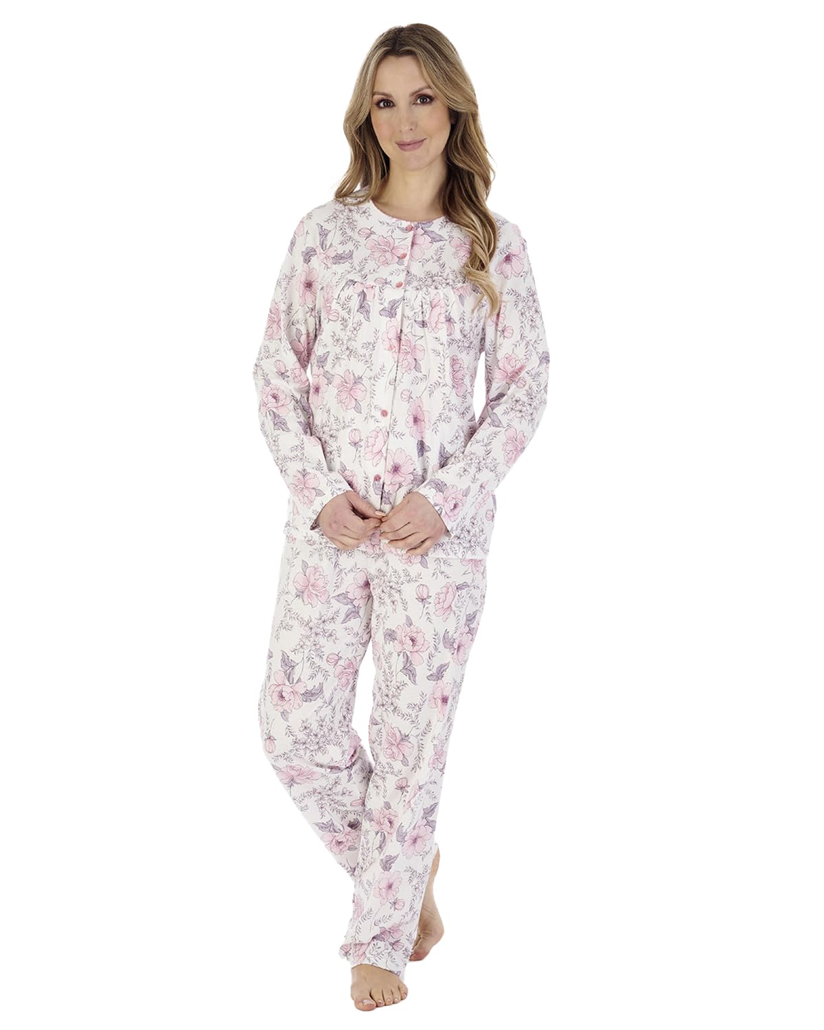 Slenderella Long Sleeve Jersey Pyjamas PJ04110 Ivory 16-18