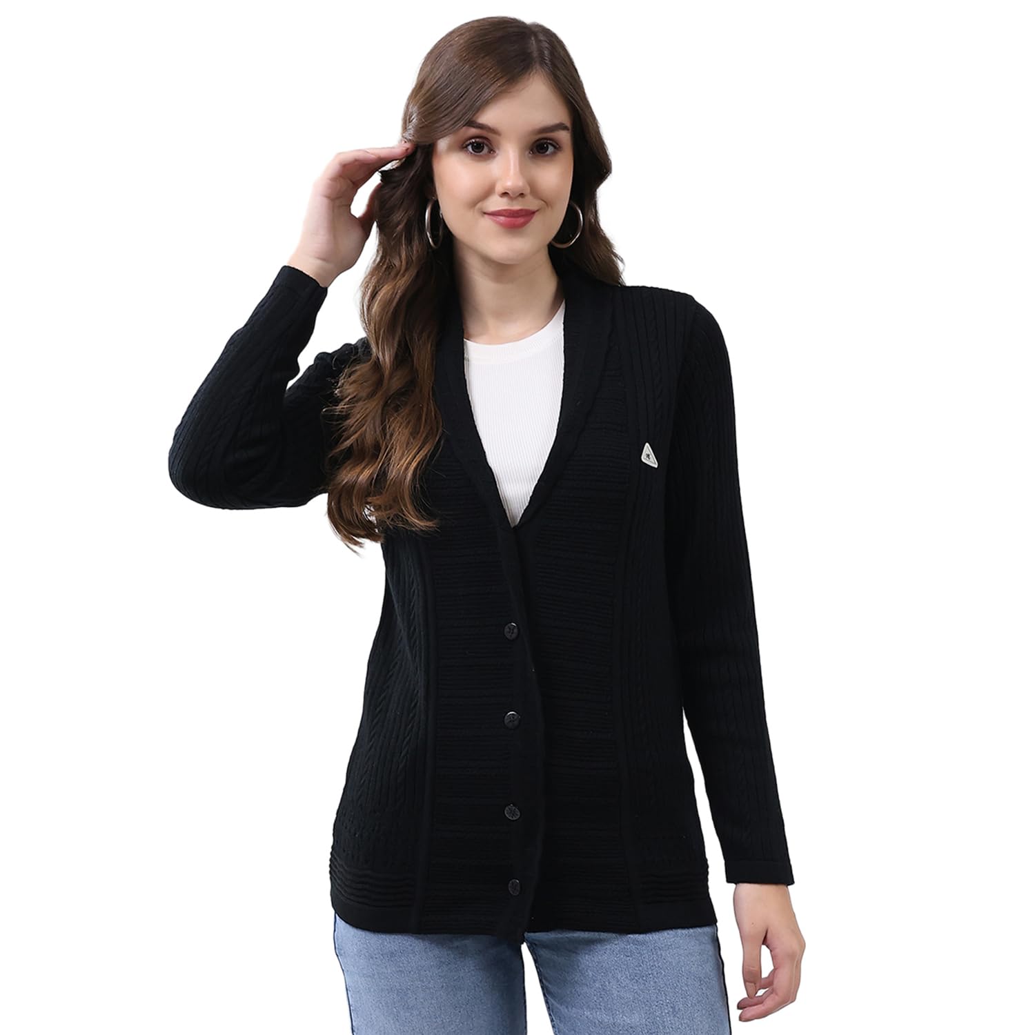 Women Notch Lapel Cardigan | Regular Fit Full Sleeve Self Design Knitwear | Elegant Winter Sweater for Formal & Casual Outfits (Pack of 1)-image-36