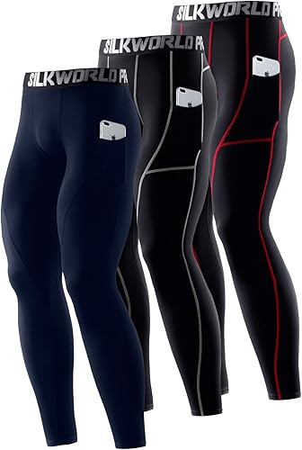 SILKWORLD Paquete de 1 3 pantalones de compresión para hombre bolsillos leggings de gimnasio y secado fresco