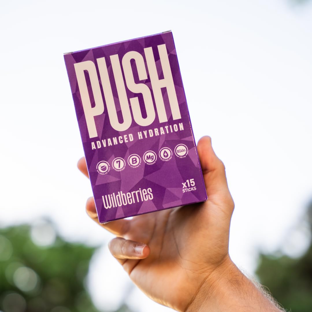 PUSH Hidratación Avanzada - 15 Sticks - Agua de Coco Natural, Electrolitos, Probióticos, Hierro, Zinc, Vitaminas y BCAAs. Sin cafeína, Sin Azúcar añadido (15 STICKS, WILDBERRIES)