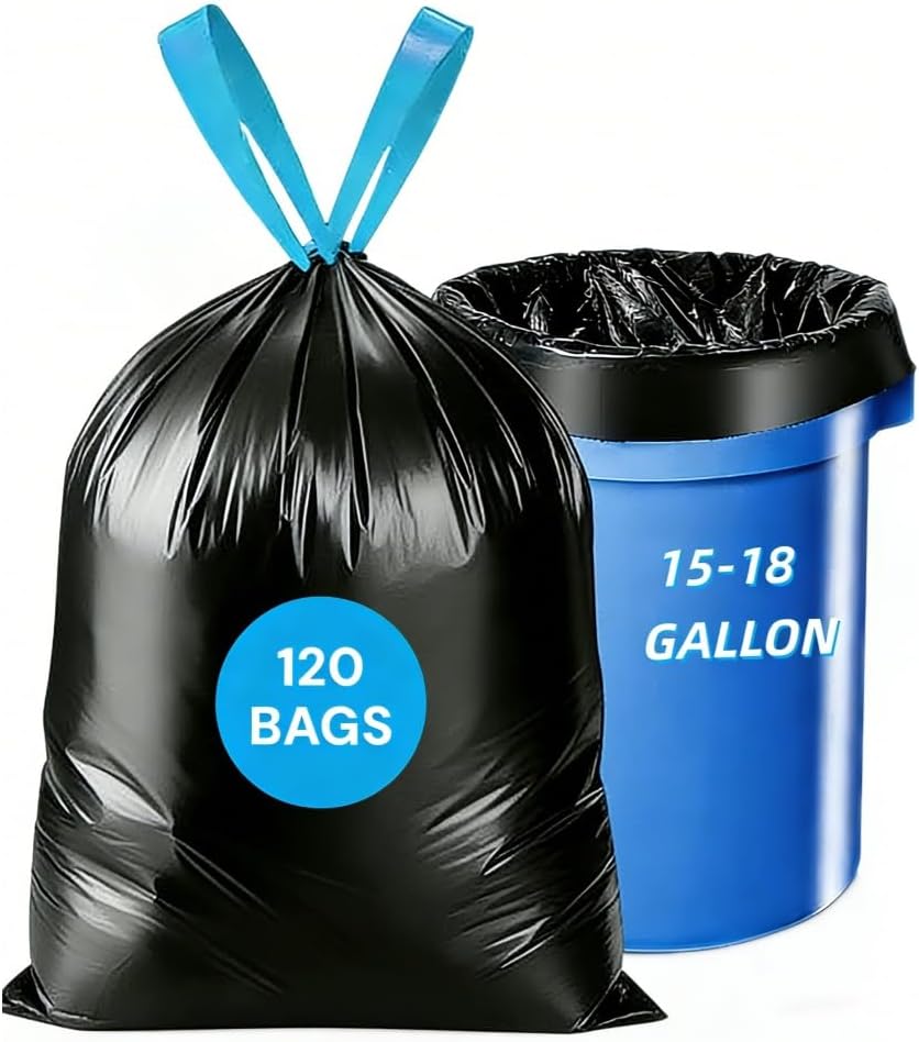 15-18 Gallon Trash Bags Drawstring,1.2 Mil,Ultra Large Trash Can Liners, Heavy Duty Strong, for Home Kitchen Office Lawn Commercial.(120 Count)
