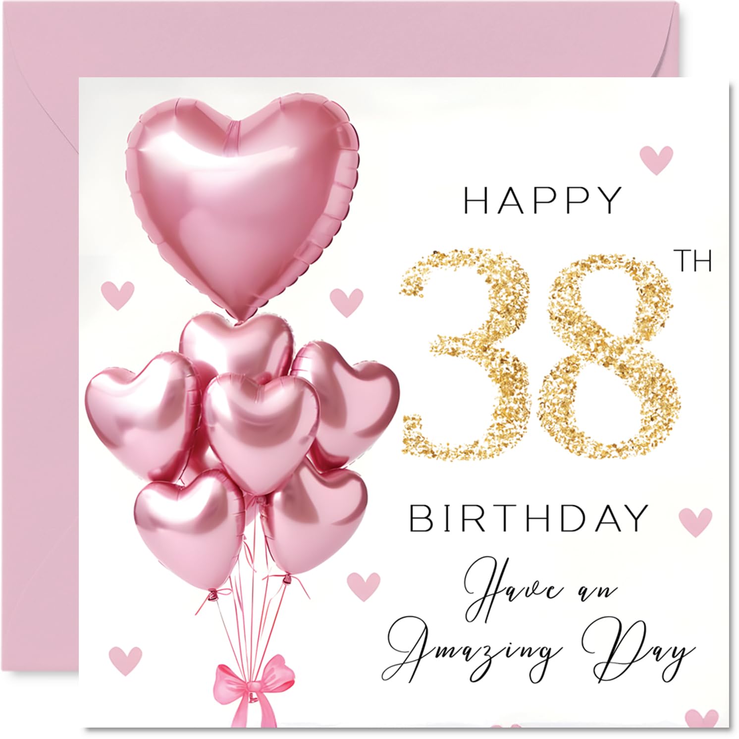 38th Birthday Cards for Women, Pink Glitter Balloons