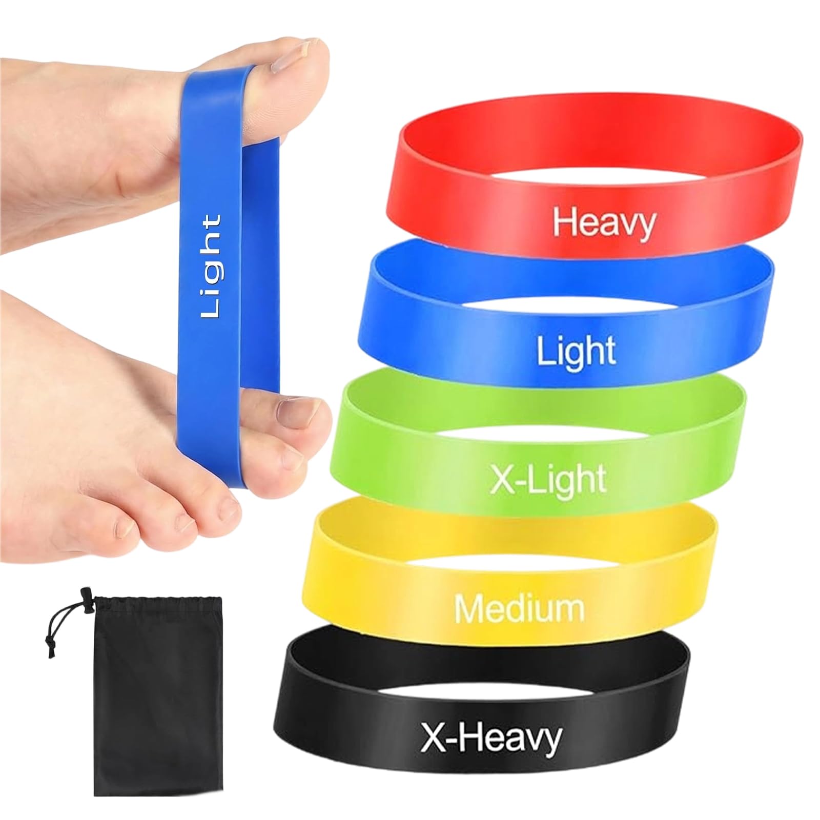 5 Piezas Bandas Elásticas de Látex para Pies, Bandas Elásticas para Corregir Juanetes, Estiramiento y Alineación de Dedos con Bolsa, Ideal para Pilates, Yoga, Ejercicio en Casa