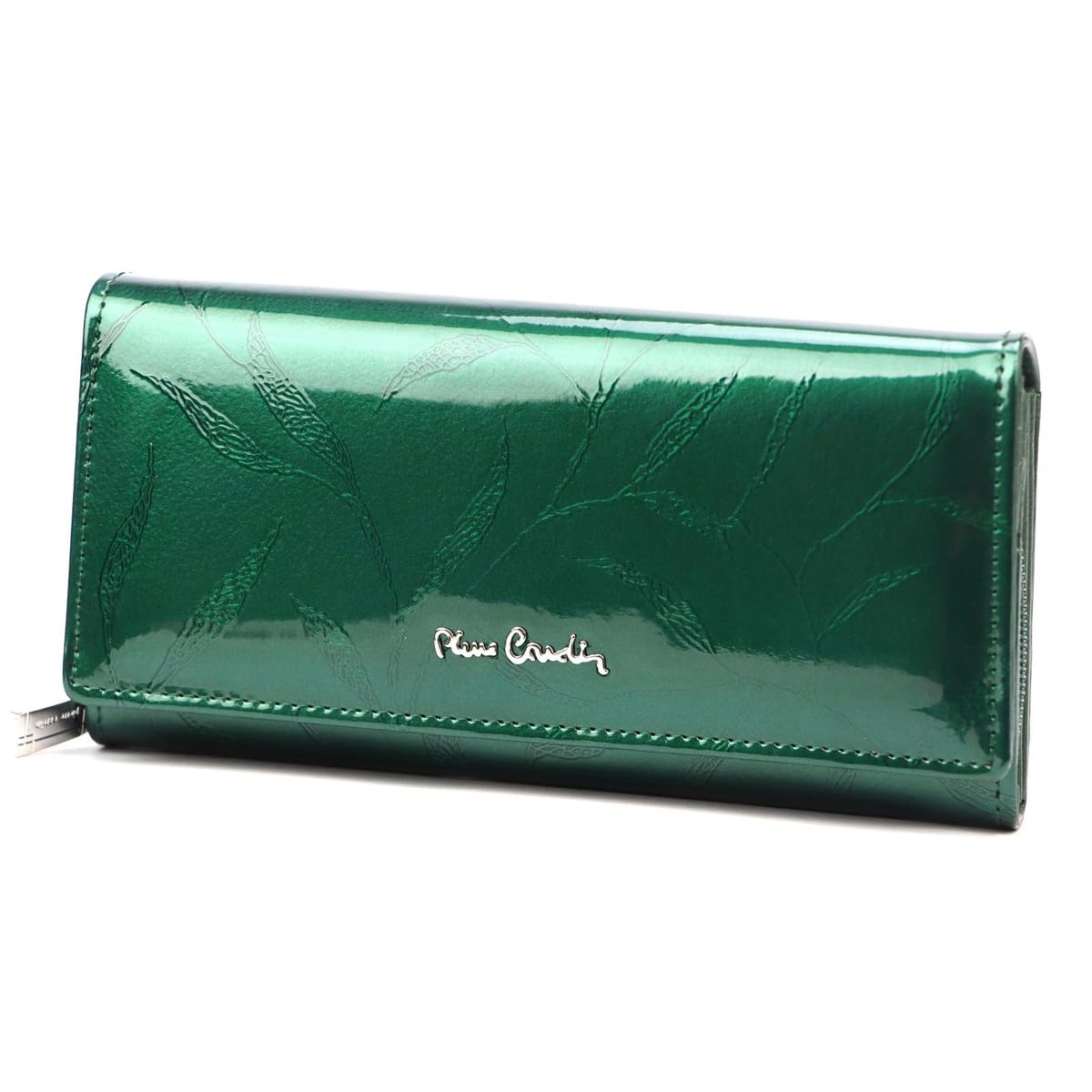 Pierre Cardin Portefeuille Femme Cuir Verni Motif Feuille – Élégant Gris Frêne, Compartiments XXL 19,5x10x3 Cm