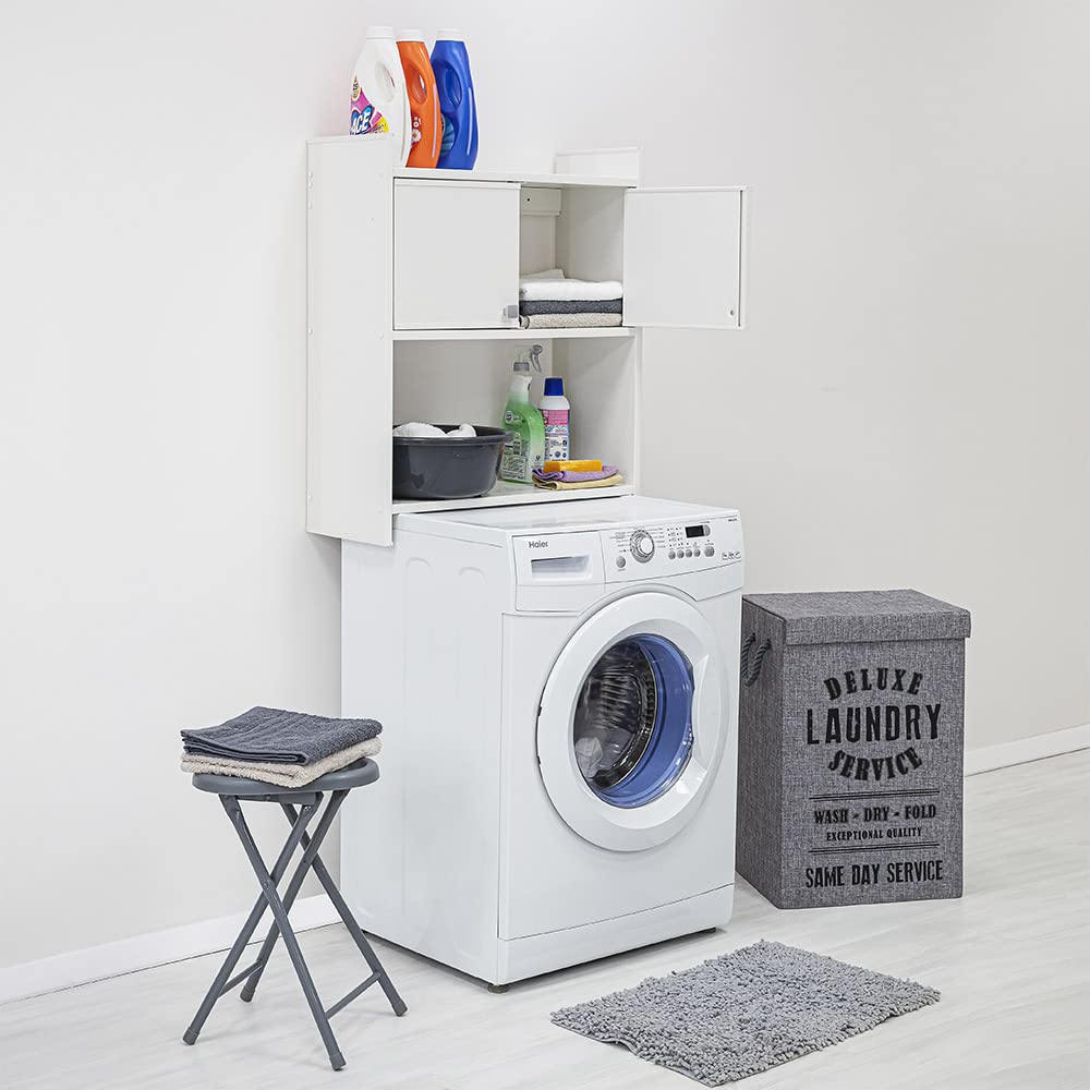 Inbagno Pensile sopra Lavatrice salvaspazio con Ante e Ripiani a Vista, L 65 x P 26 x H 79 cm, in PVC Bianco, Ideale per Esterni