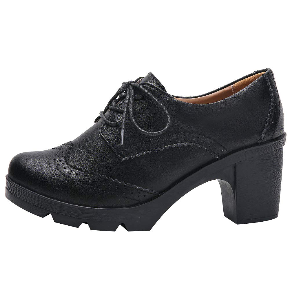 Mujer Tacón de Bloque con Cordones Brogues Derby Pumps Zapatos de Vestir