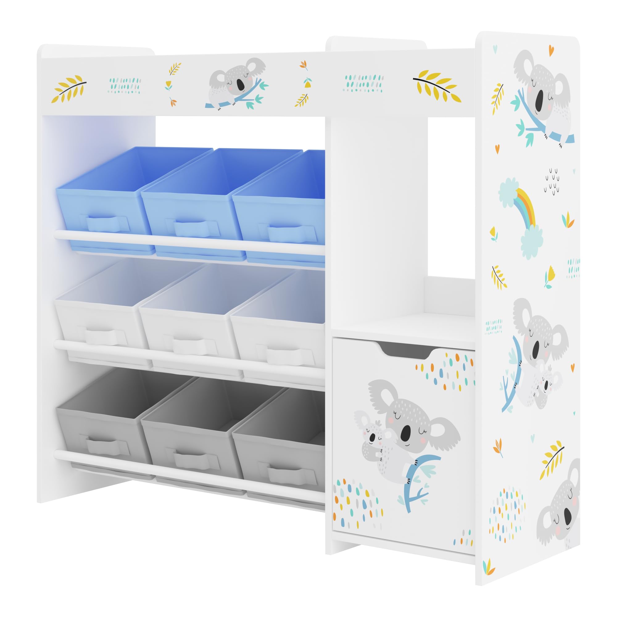 [en.casa] Étagère Enfant avec 9 Boîtes de Rangement et Armoire Meuble de Stockage Bibliothèque avec Koala Océan Panneau de Particules Polyester Métal 80 x 90 x 30 cm Blanc Gris Bleu