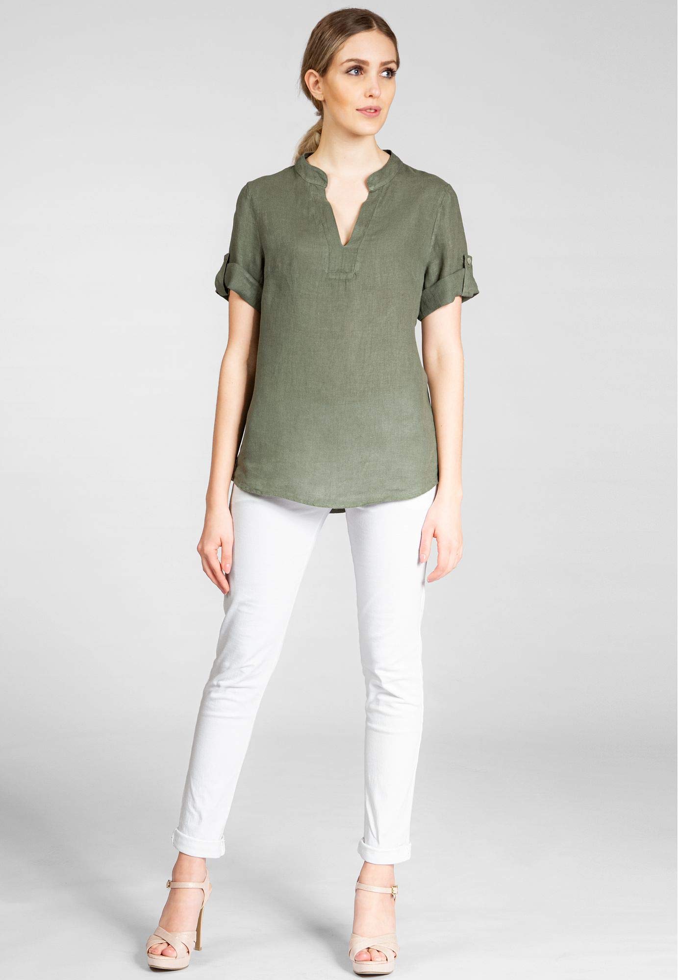 Caspar BLU024 Elegante Damen Halbarm Sommer Shirtbluse aus Leinen mit V-Ausschnitt