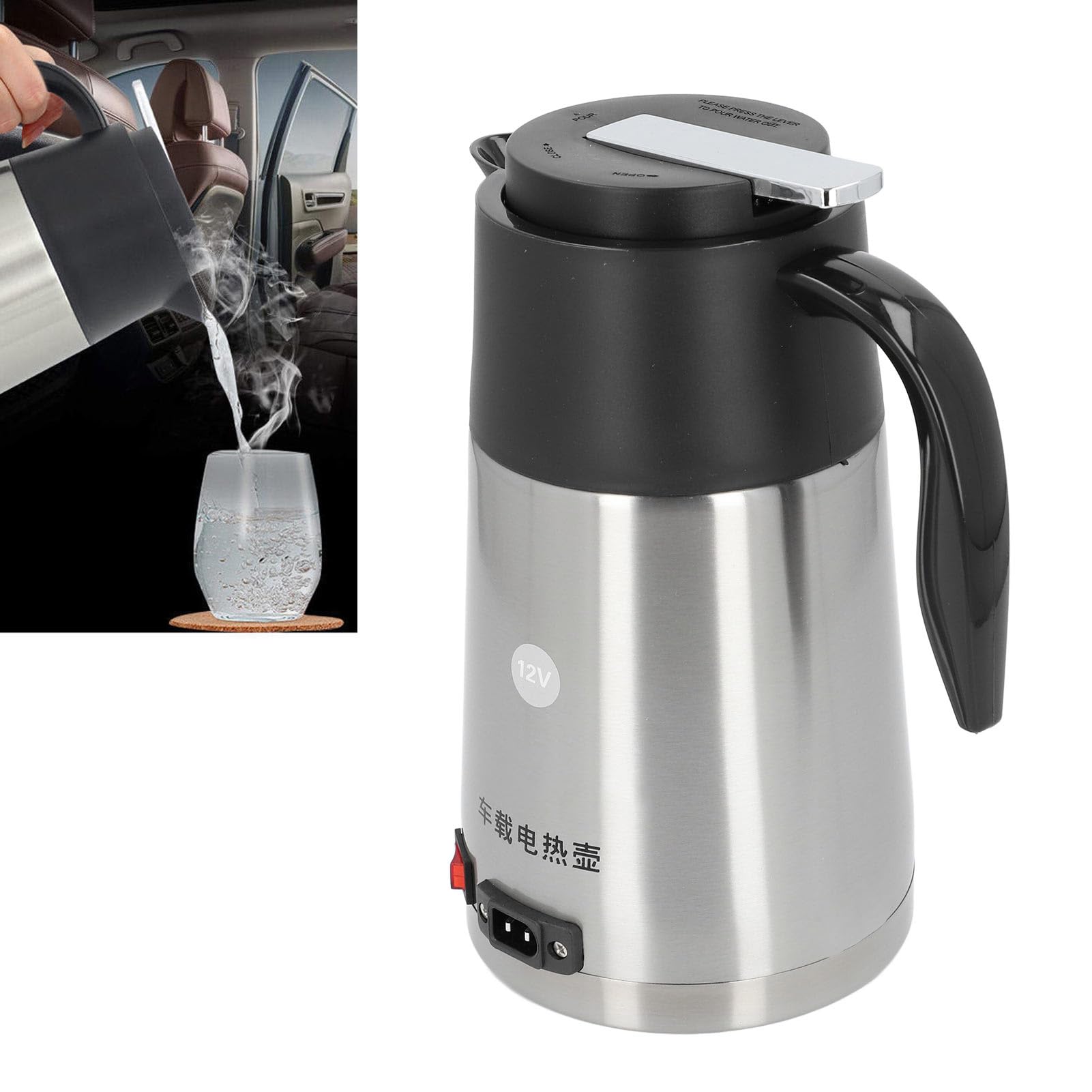 Hervidor de agua eléctrico para coche, 12V Hervidor de agua portátil de gran capacidad de acero inoxidable, Calentador de agua caliente con protección contra sobrecalentamiento