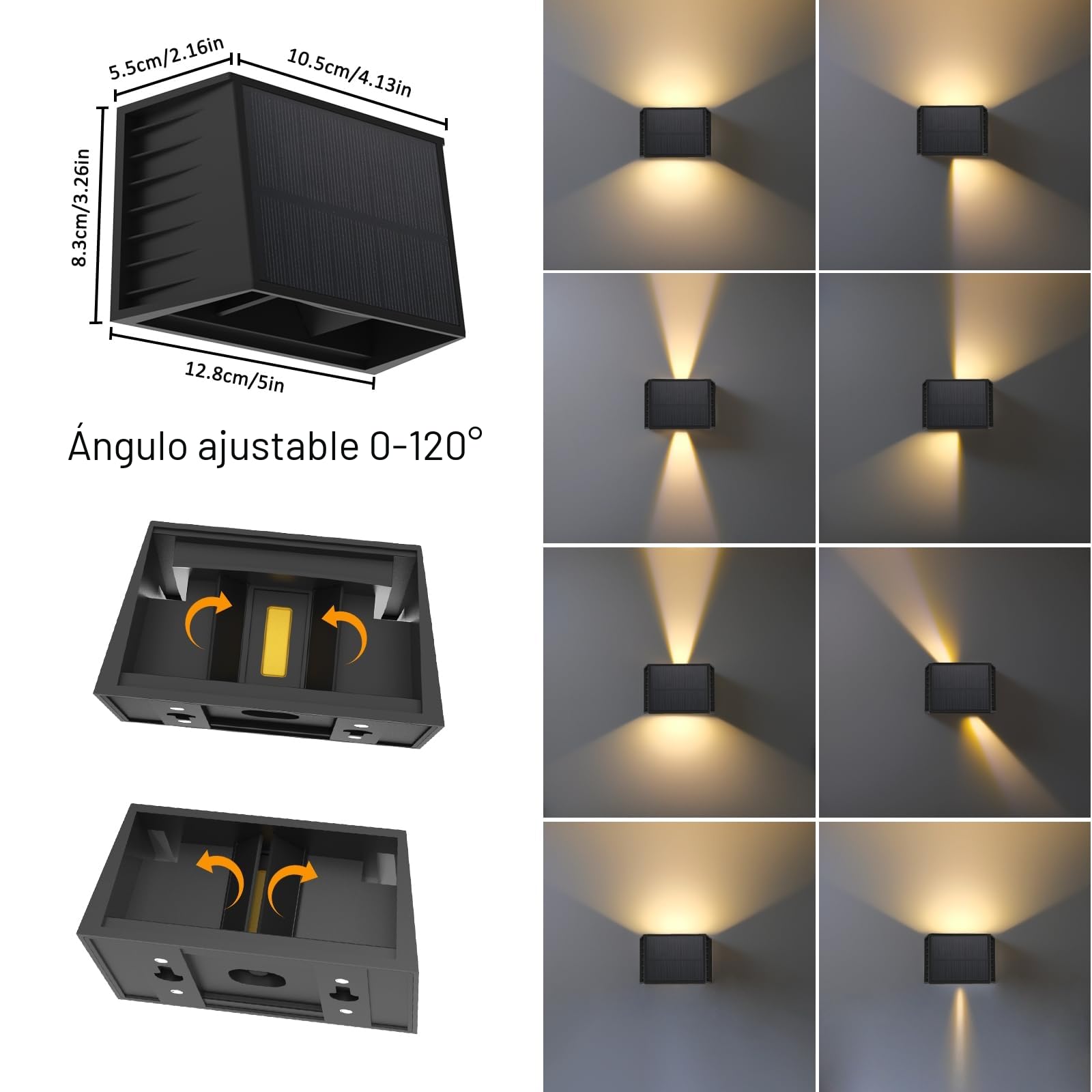 T-SUN 4 Piezas Lámparas Solares para Exterior, 3000K Aplique Solar de Pared, IP65 Impermeable, Luz LED Solar para Jardín Pared Valla Garaje Escalera Puerta Delantera Patio