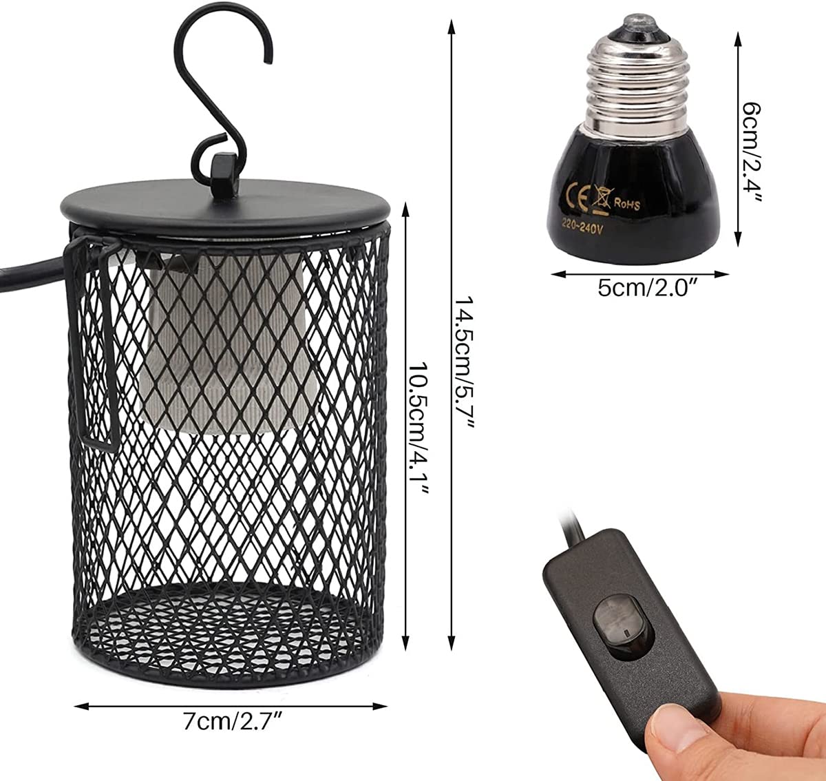 Lampa grzewcza z przełącznikiem przeciwgryzowym i regulacyjnym, żarówka ceramiczna Lampa grzewcza, dla Zwierząt Jaszczurka żółw,25W
