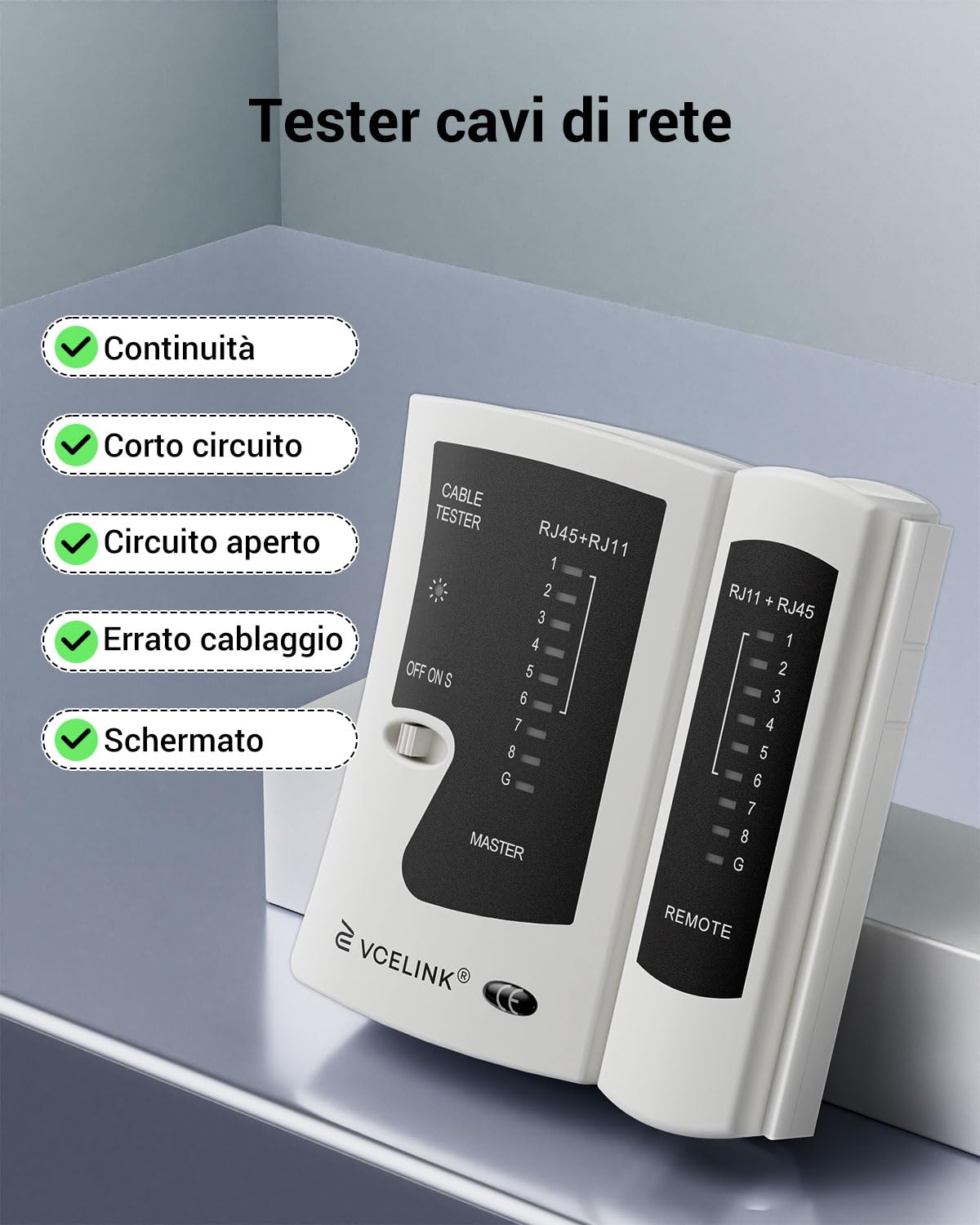 VCELINK Tester Cavi di Rete, Tester RJ45 Professionale POE, Test Ethernet per RJ45/RJ11/RJ12, Grigio