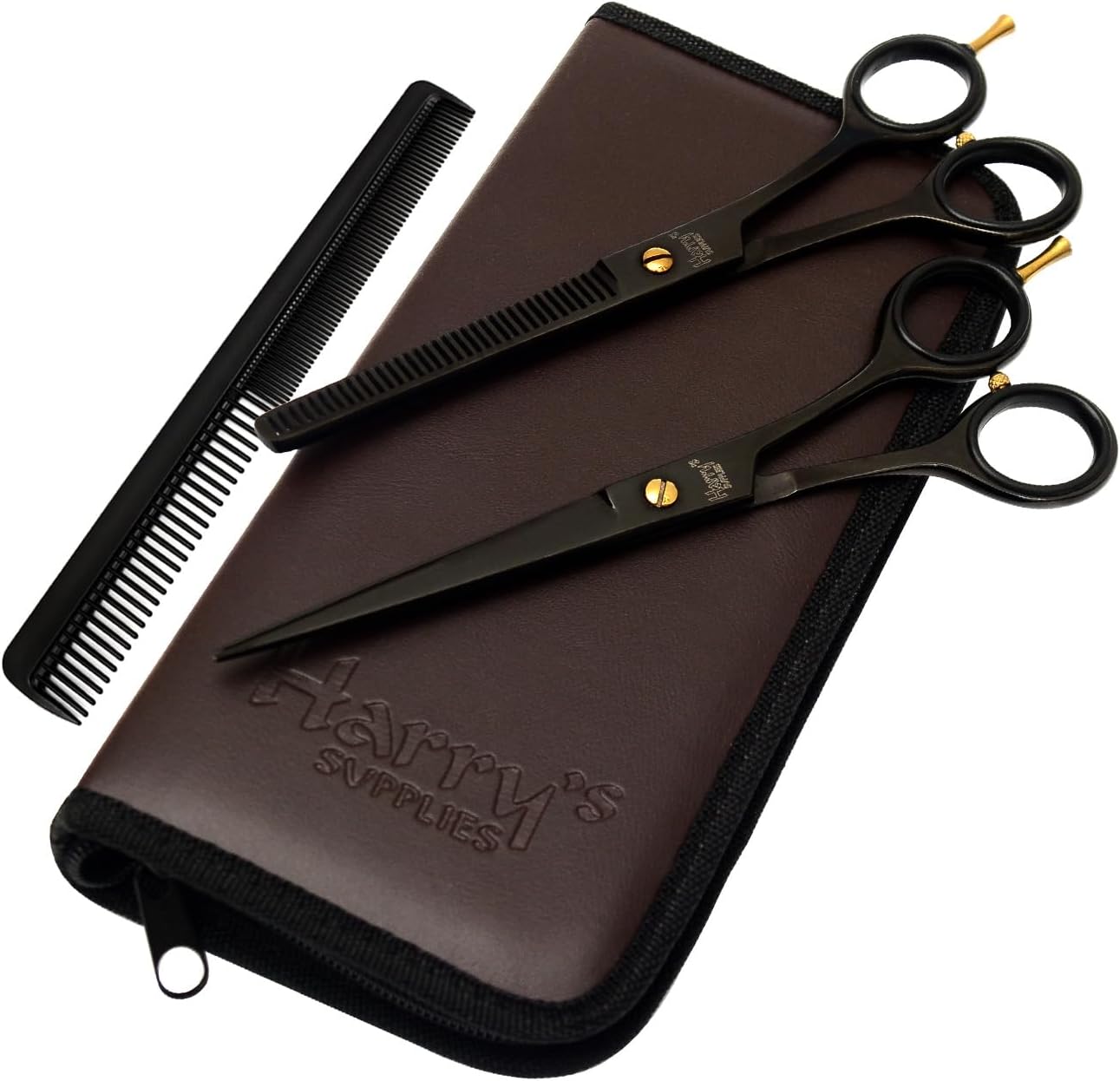 Harry’s Supplies 7” Hair Cutting Scissors Razor Edge Set 4-in-1 Set – Professional Barber Shears with Thinning Shears, Comb & Cloth – Premium Stainless Steel Hairdressing Kit with Leather Case