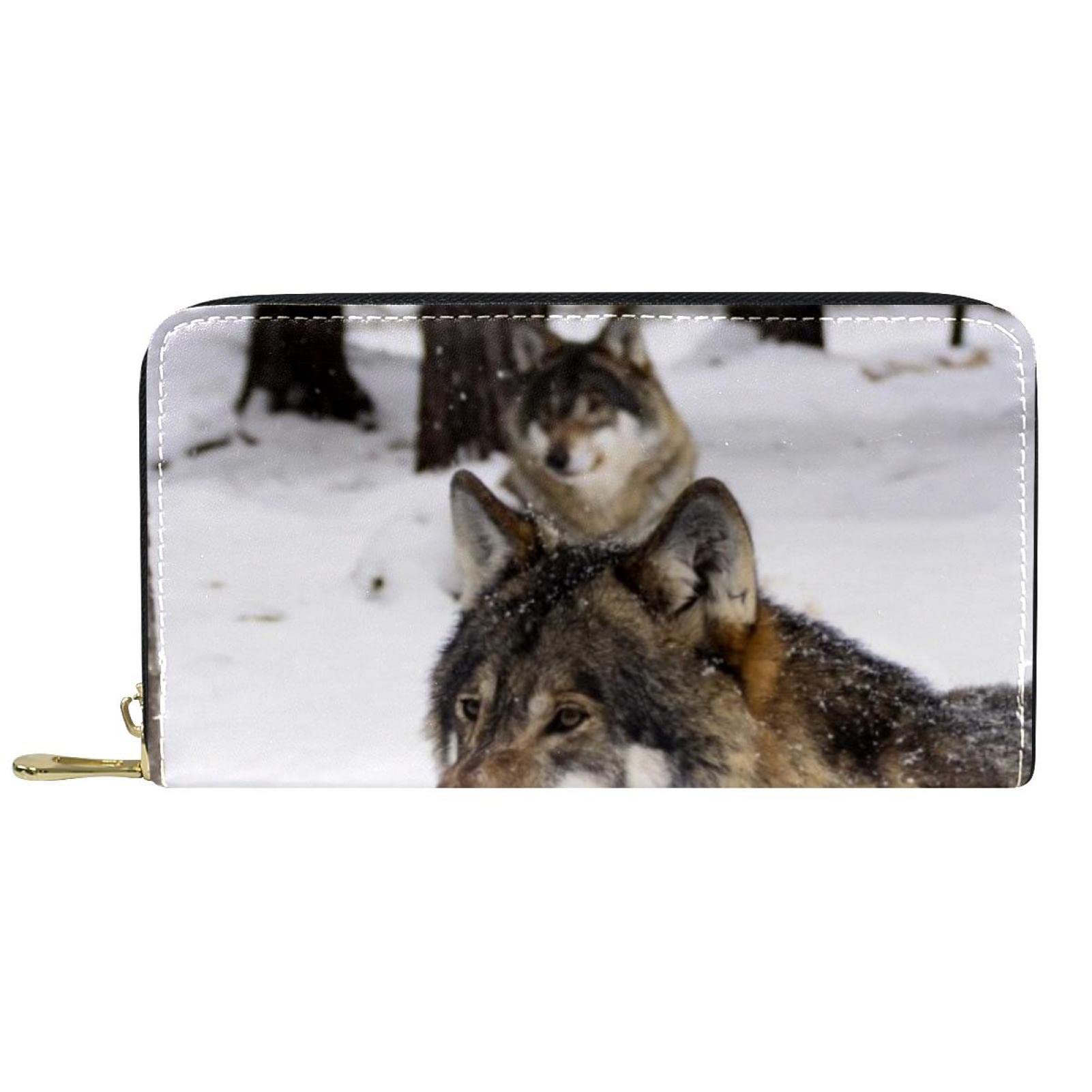 Cartera de cuero con cremallera larga con patrón de lobo, Varios colores, 20.5x2.5x11.5cm/8.07x1x4.53 in, Classic
