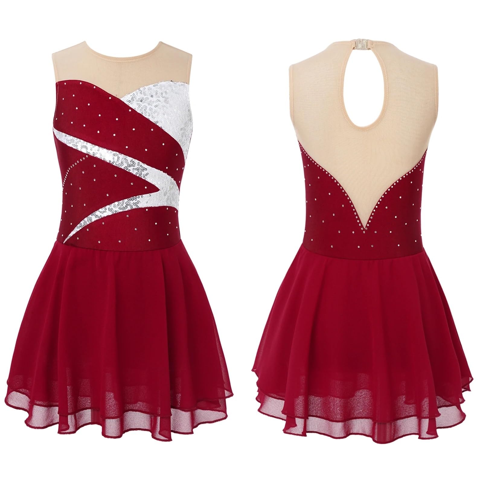 Gymnastikanzug Mädchen Glänzende Pailletten Ballett Jersey Gymnastik Trikot Tutu Tanz Tragen Hohlkreuz Eiskunstlauf Tanz Kleid(Red,8)