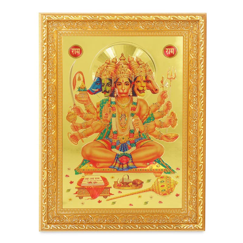 Panchmukhi Hanuman Photo grand cadre doré 28 x 35 cm chasse les énergies négatives