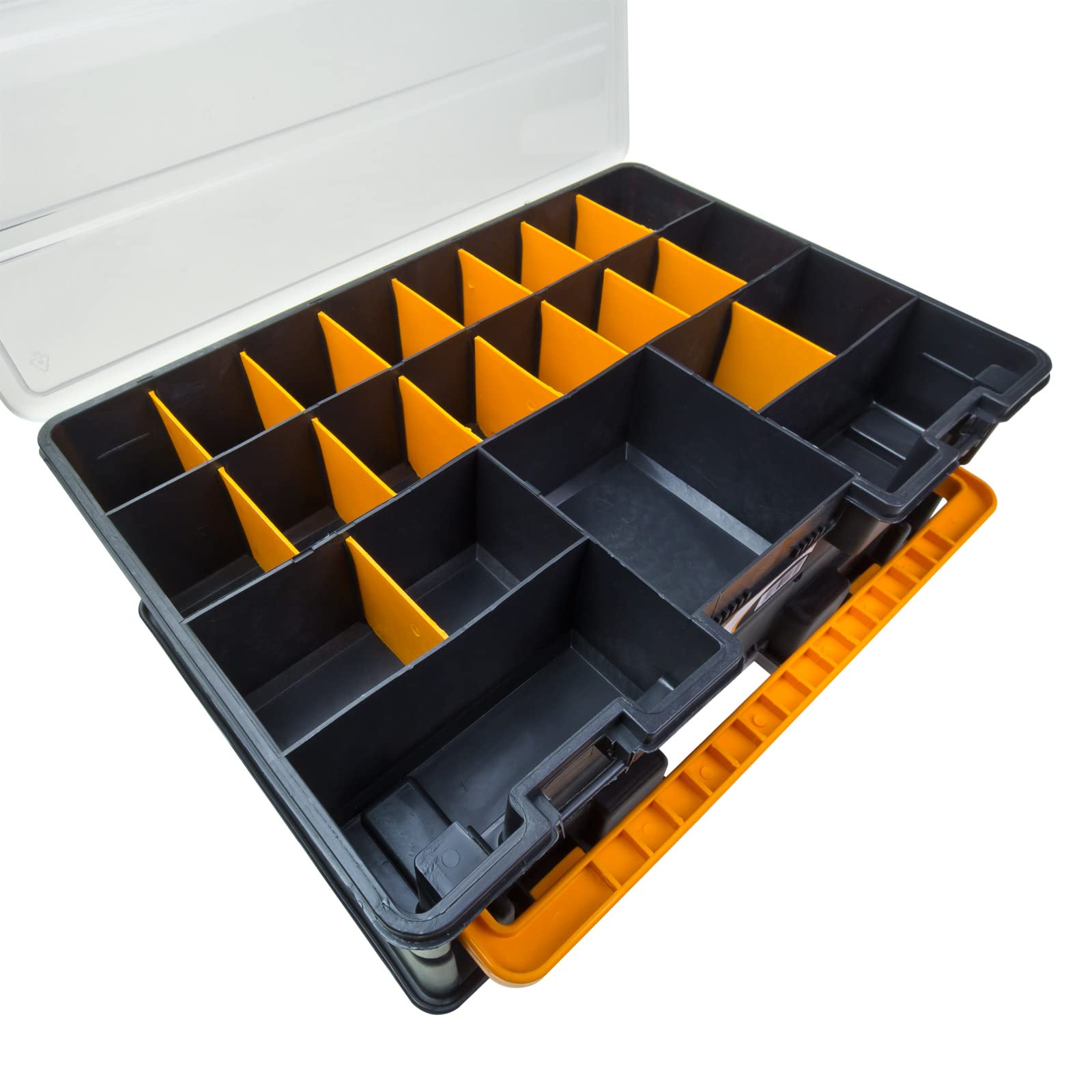 DEMA Sortimentskasten XL – Sortierkasten, Kleinteilemagazin, Sortimentskoffer, Kunststoff, 46 Fächer, doppelt 2in1, robust & vielseitig, ideal für Schrauben, Muttern, Werkstatt, Basteln & Hobby