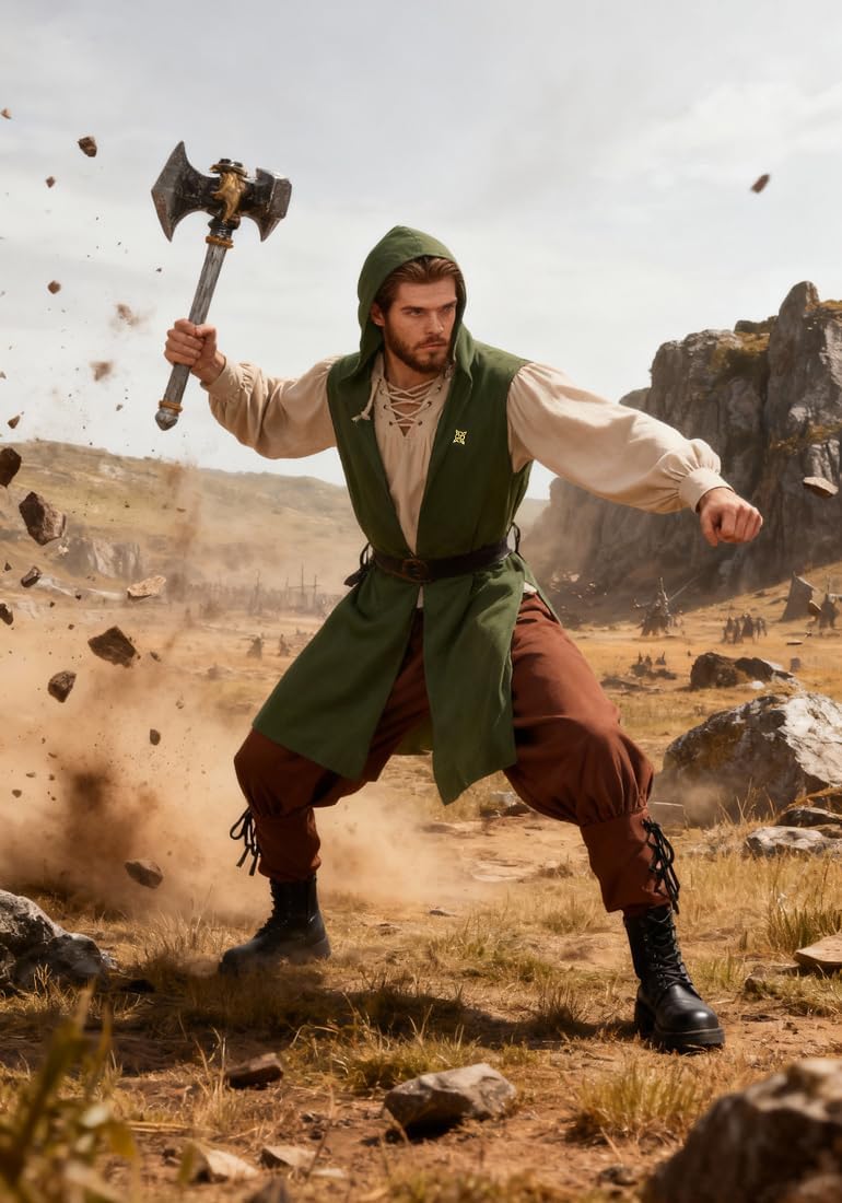 Mens Renaissance Hooded Surcoat Medieval Knight Sleeveless with Brooch and Belt Tunic Tops Tabard Holloween Cloak - Image 5