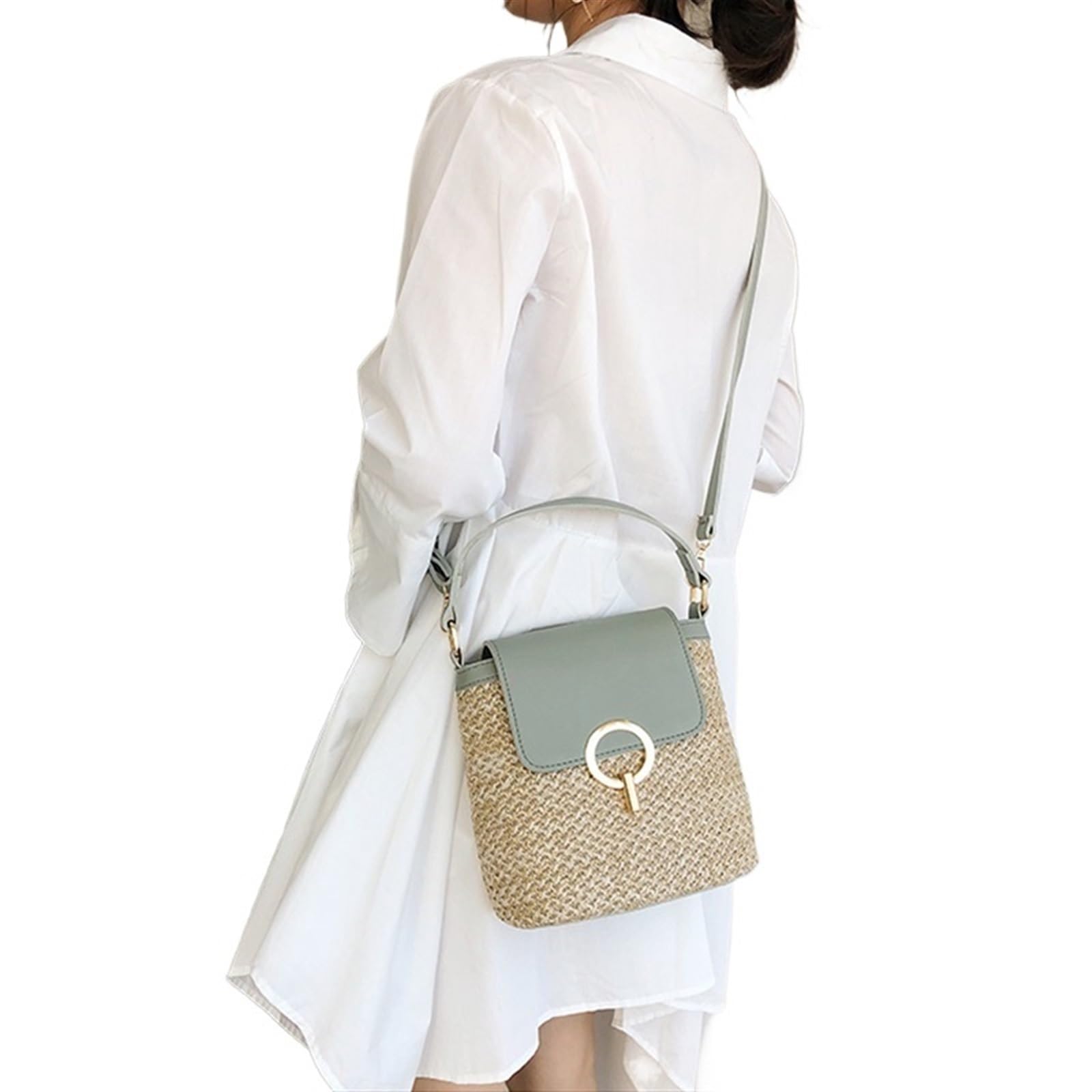 Stroh Handtasche Damen Große Beach Lady Travel Purses and Handbags Casual Chains Straw Bucket Bags Women Summer Messenger Bag Rattan Bags Shoulder Bag Entworfen Für Die Reise Zum Strand Im Urlaub(GREE