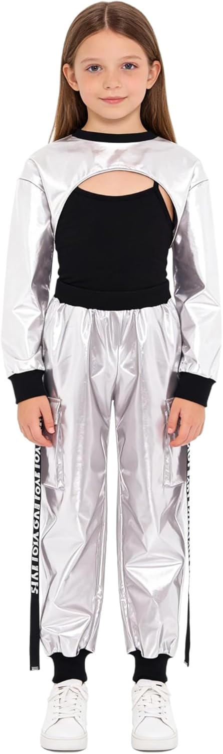 renvena Girls Long Sleeve Metallic Crop Tops Hip Hop Dance High Waist Pants Fashion Disco Clubwear for Kids Ivory 16 Years