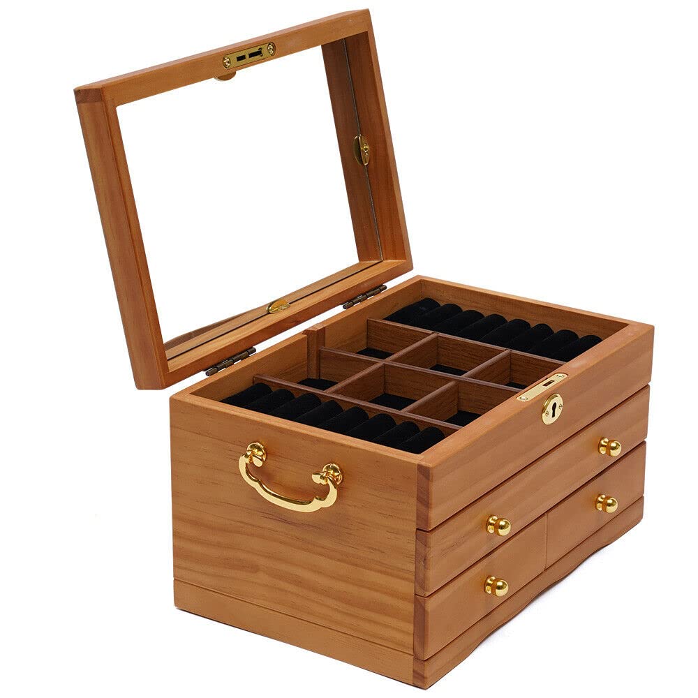 Boîte à bijoux en bois à 3 couches avec miroir en ébène précieux