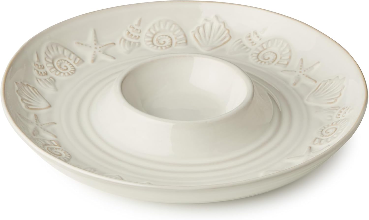 Coastline Cream Stoneware CHIP N DIP SERVER 13.5 Inches, embossed coastal shell and starfish server with glossy glaze, durable beach house serveware for relaxed coastal entertaining