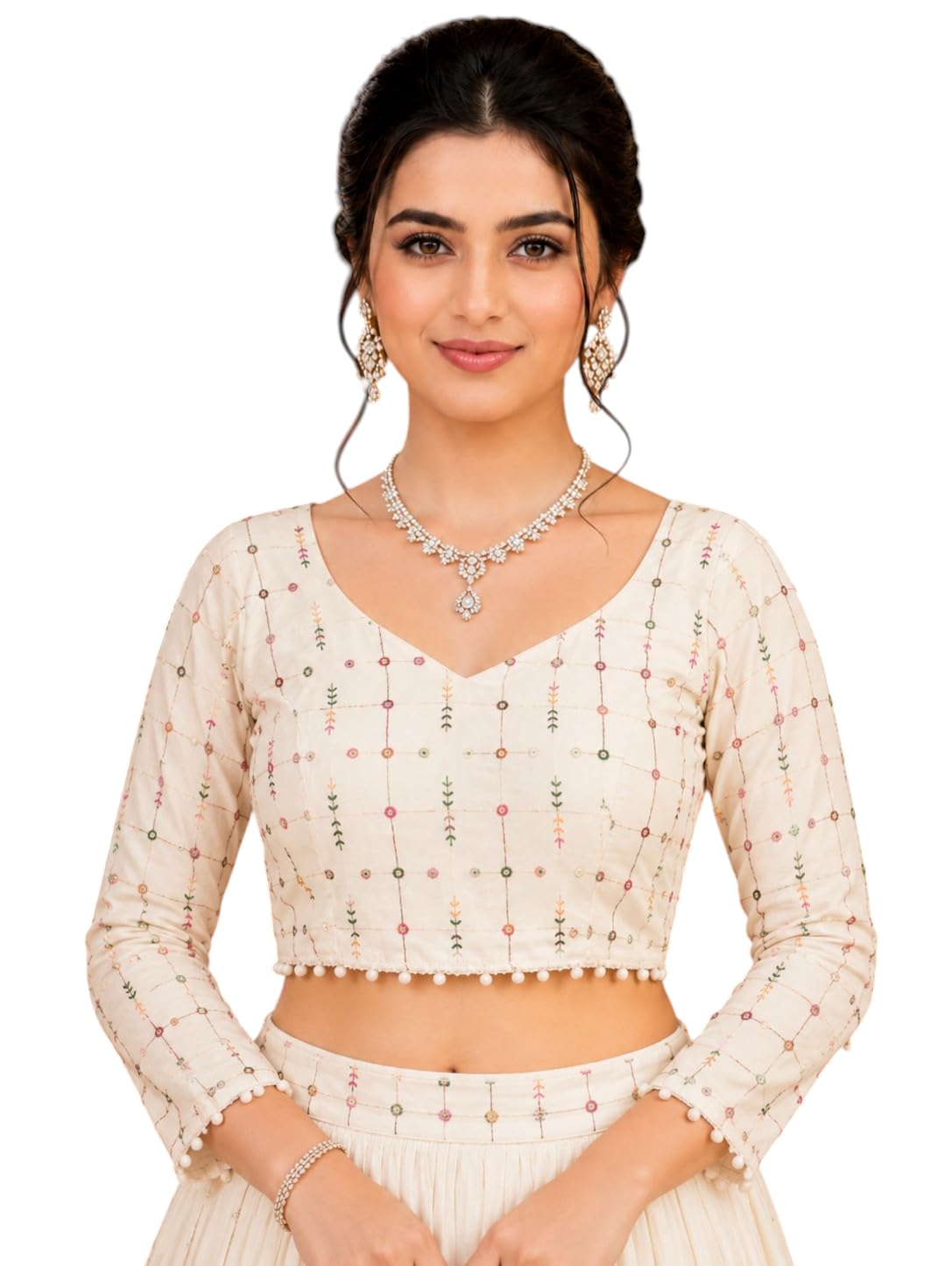 Women's Ethnic Off White Embroidered Princess Cut Blouse | Sleeveless Padded Cotton Blend Blouse for Lehenga, Saree, Wedding-image-5