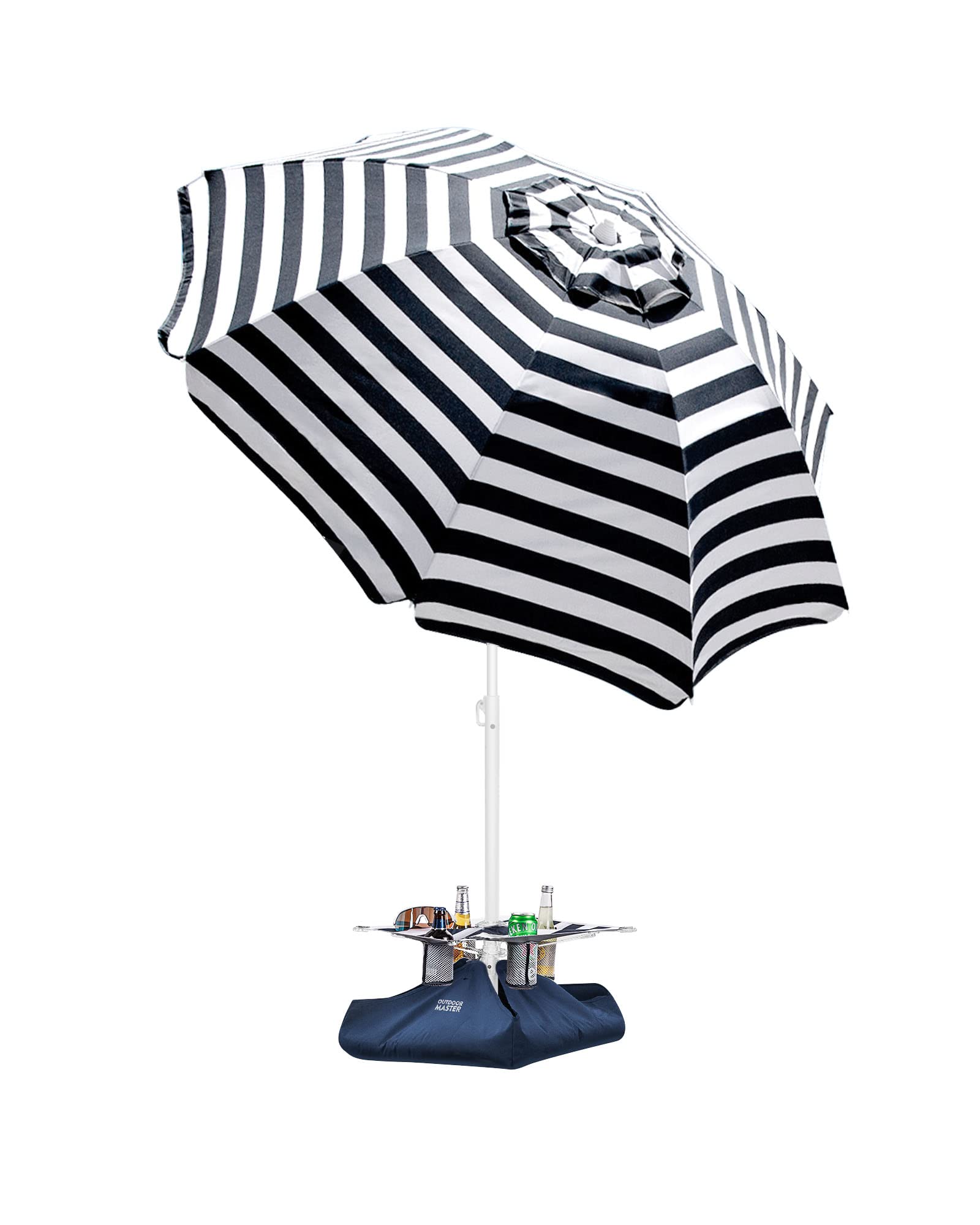 OutdoorMaster Beach Umbrella with Sand Bag and Cup Holder - 6.5ft Beach Umbrella with Sand Anchor, UPF 50+ PU Coating with Carry Bag for Patio and Outdoor - New Navy Striped with Cup Holder