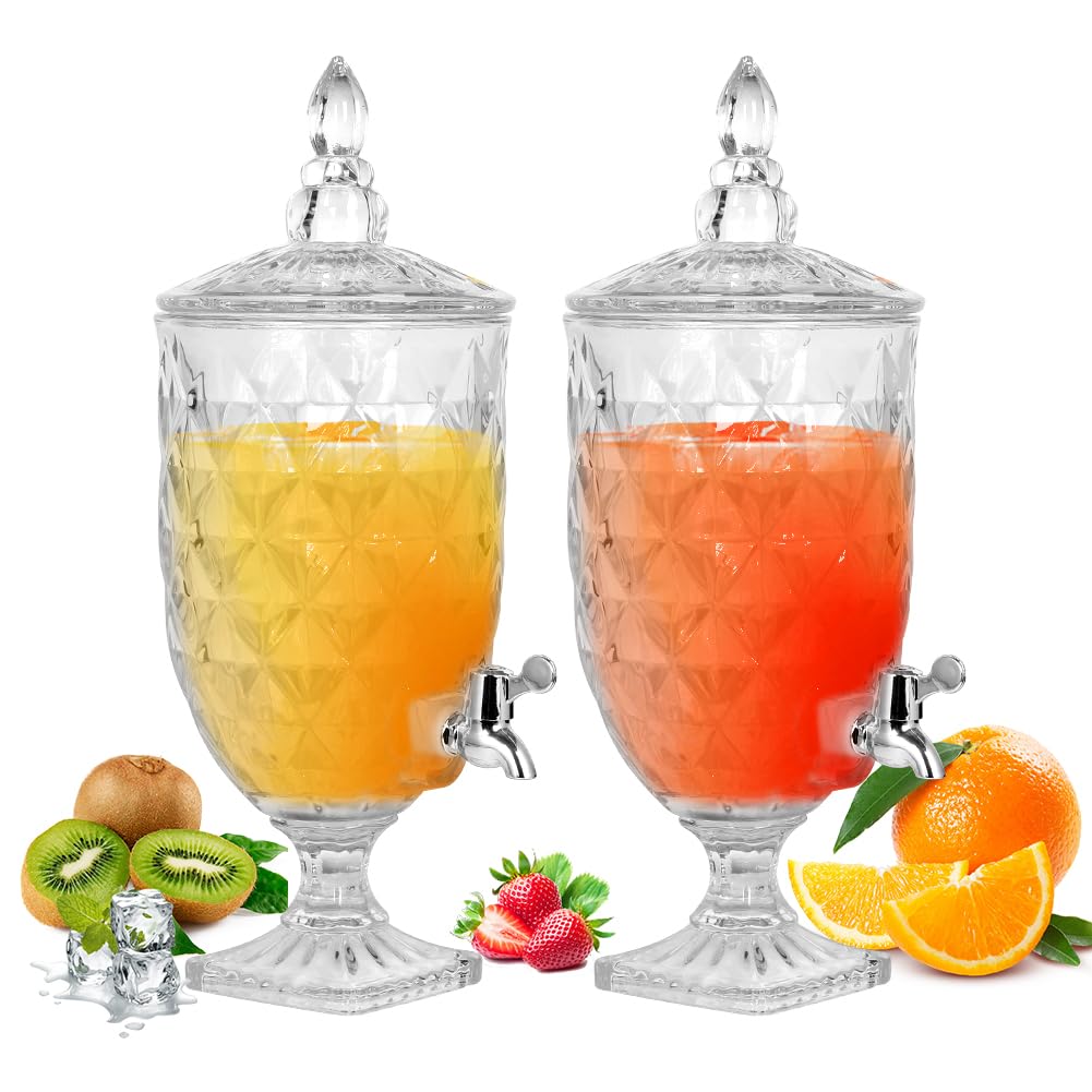 1.3 Gallon Glass Drink Dispensers - 2 Pcs Vintage Crystal Iced Beverage Dispenser with Stand &Spigot for Parties Wedding - Wide Mouth Beverage Containers for Juice Tea (Rhombus)