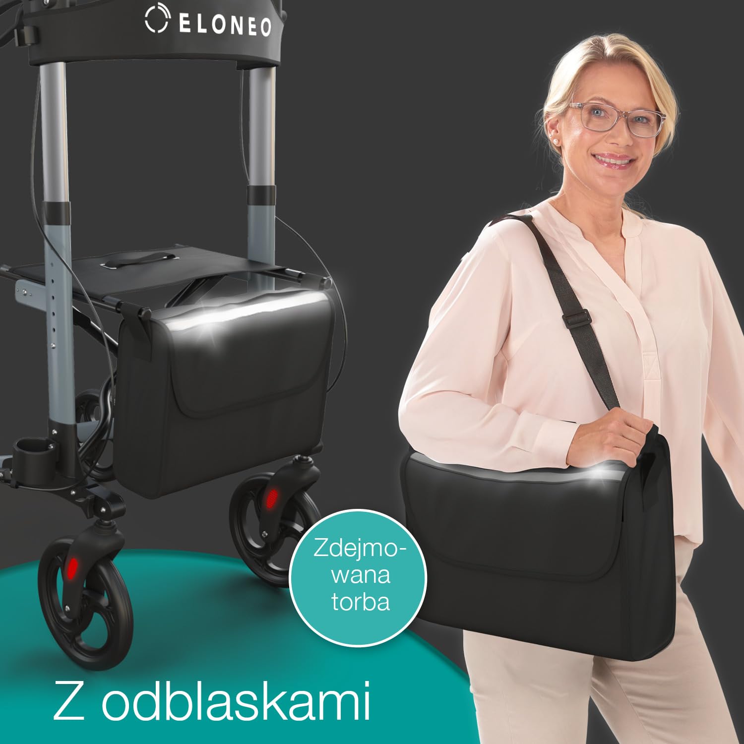 ELONEO Lekki rollator z siedziskiem, 8-stopniowa regulacja wysokości, 3-krotnie składana pomoc do chodzenia z torbą i uchwytem na parasol, mieści się w samochodzie (Antracyt)