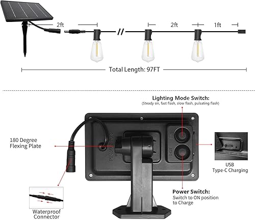 Miniatura 3 de SUNTHIN Cadena de luces solares, luces solares de 48 pies para patio con 24 bombillas LED inastillables para exteriores, patio, porche, jardín,