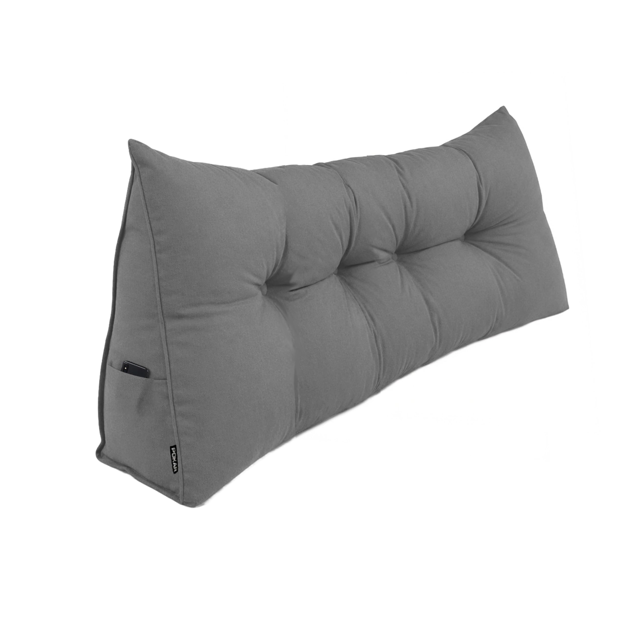 POKAR Rückenkissen 180x50x20 cm | Lesekissen für Bett und Sofa | Großes Keilkissen als Sofakissen für Rückenlehne | Wandkissen mit praktischen Seitentaschen | Oeko Tex 100 Zertifiziert | Grau