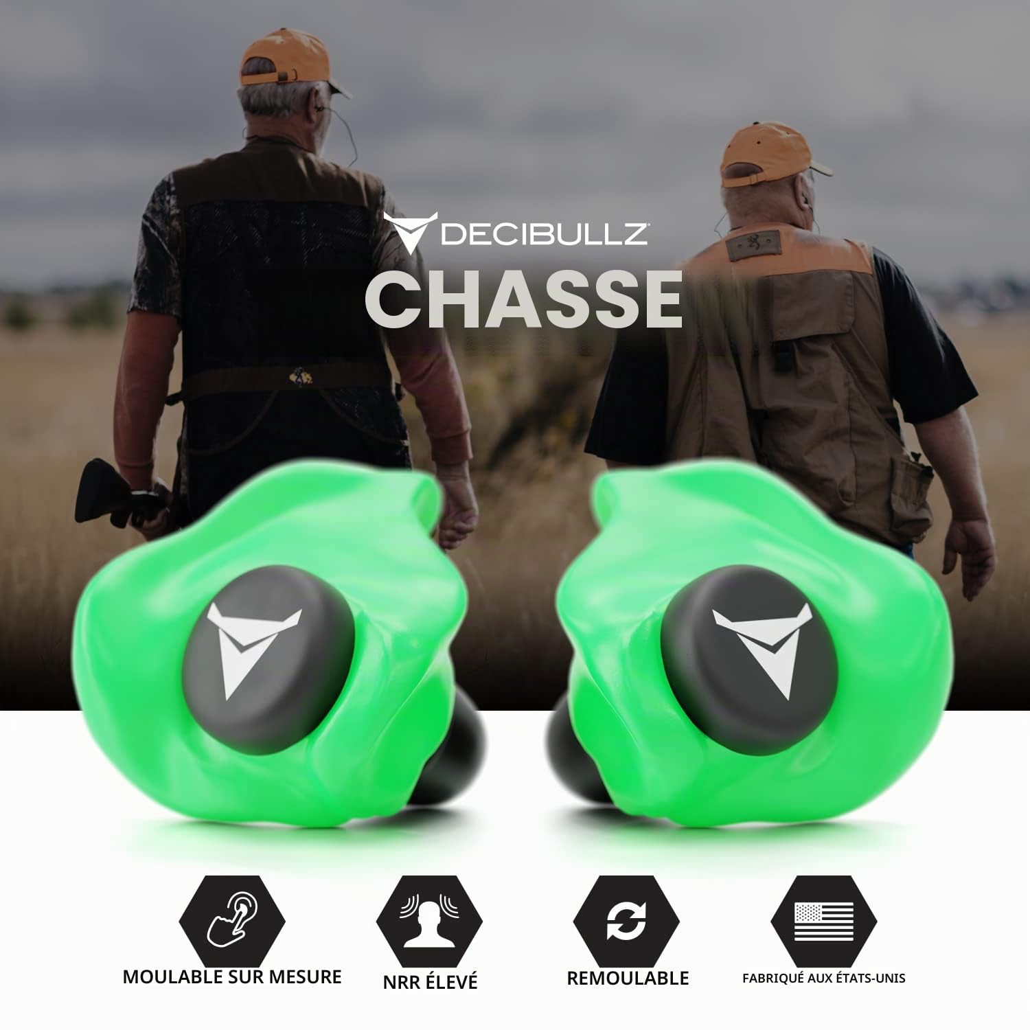Decibullz - Bouchons d'oreille moulés sur mesure, 31 dB le plus élevé, protection auditive confortable pour le tir, les voyages, le travail et les concerts (vert)