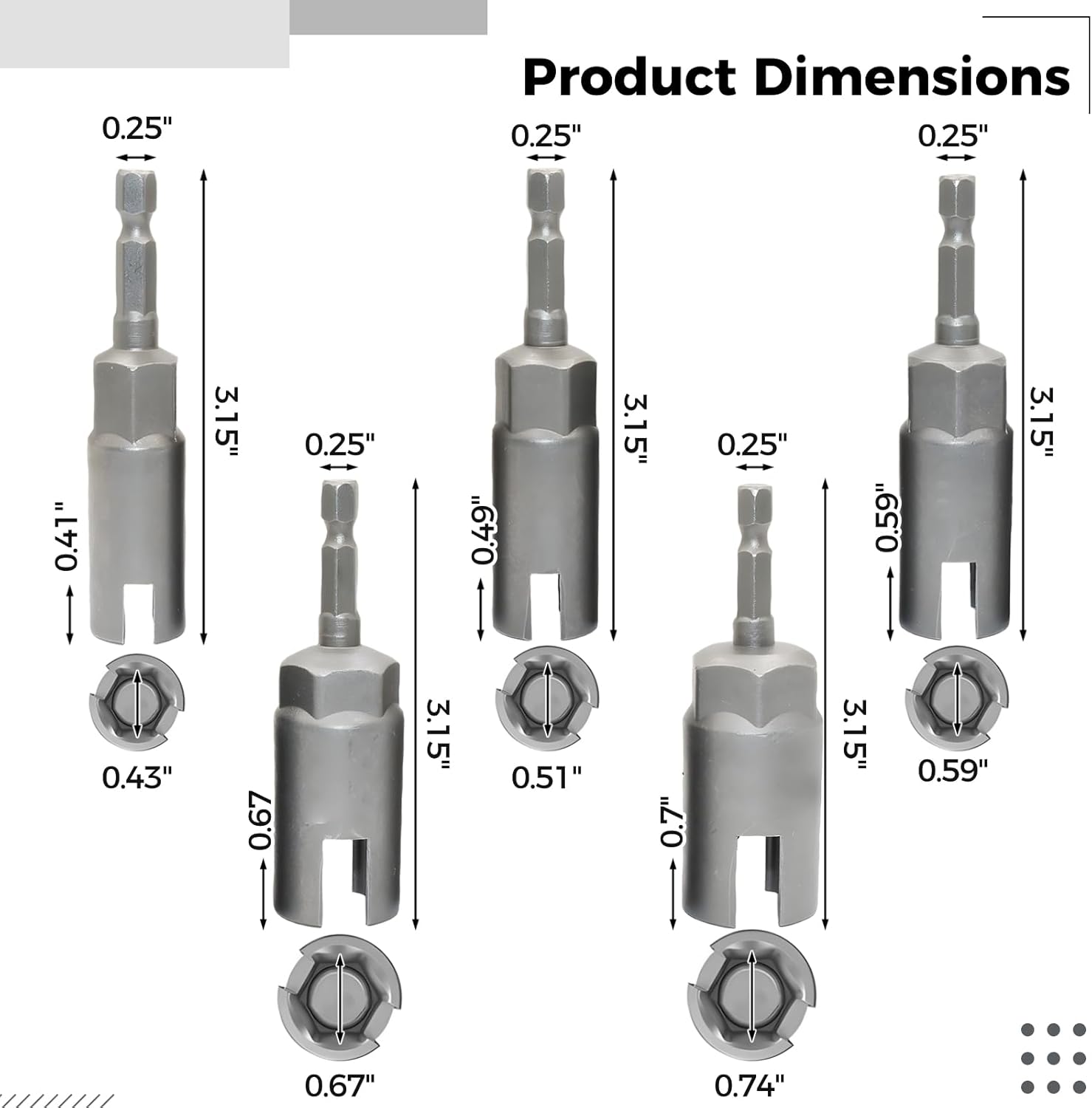1/4 In Hex Shank Nut Drivers Set Of 5, Wing Nut Power Driver, Sockets For Hurricane Shutters, Sizes 11, 13, 15, 17, 19 Mm, Strong Chrome Vanadium Alloy