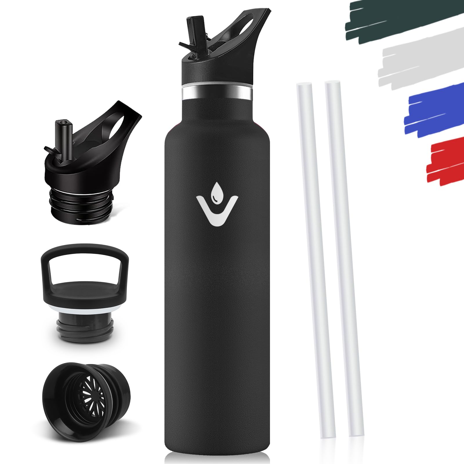 Drinking Bottle, 1 Litre Stainless Steel, BPA-Free, Water Bottle, Double-Walled Vacuum Insulated, Insulated Flask, Thermal Flask, with Straw, 18/8 Stainless Steel, Suitable for Carbonated Drinks