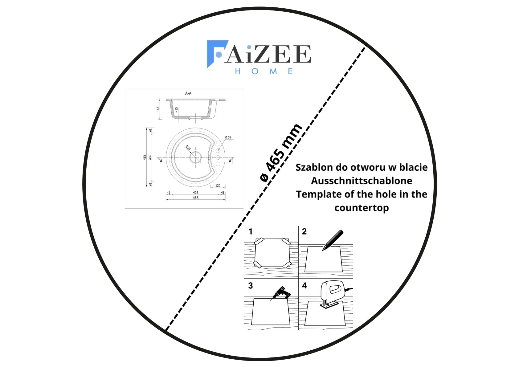 Faizee Home | Granitspüle Vela Ø 49 cm – Stilvolle Eleganz inkl. passender Armatur | Spülbecken für Unterschrank ab 45 cm | Robust & pflegeleicht (Beige)
