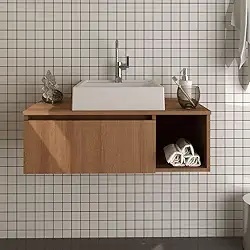 Balcão Gabinete Suspenso Armário Sem Cuba 80 cm 1 Porta 1 Nicho Lateral Para Banheiro Marrom Madeira