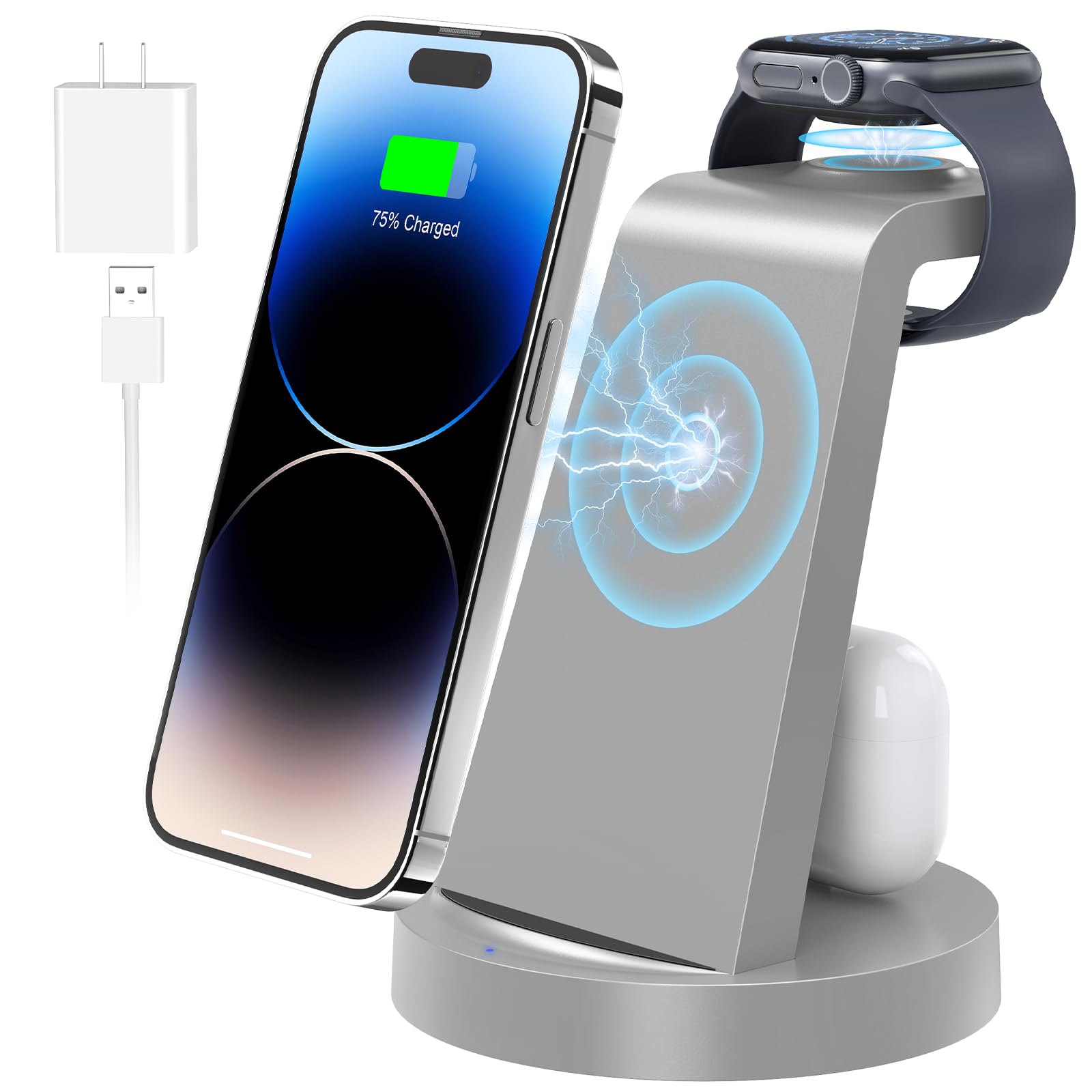 Wireless Charging Station, 3 in 1 Wireless Charger for iPhone 14/13/12/11/Pro/Max/SE/XS/XR/X/8 Plus/8, Fast Wireless Charging Stand Dock for Apple Watch Series & Airpods(with Adapter)