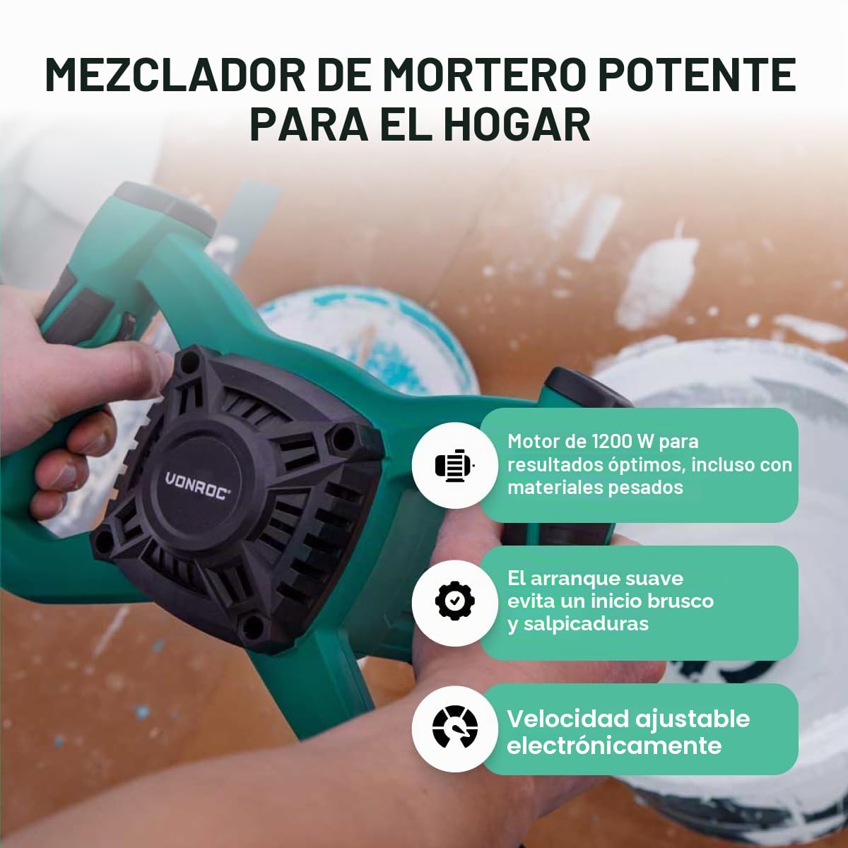 VONROC Taladro mezclador de pintura/ cemento de 1200W - Arranque suave - 3 metros de cable de goma, con una varilla mezcladora 140x600 mm
