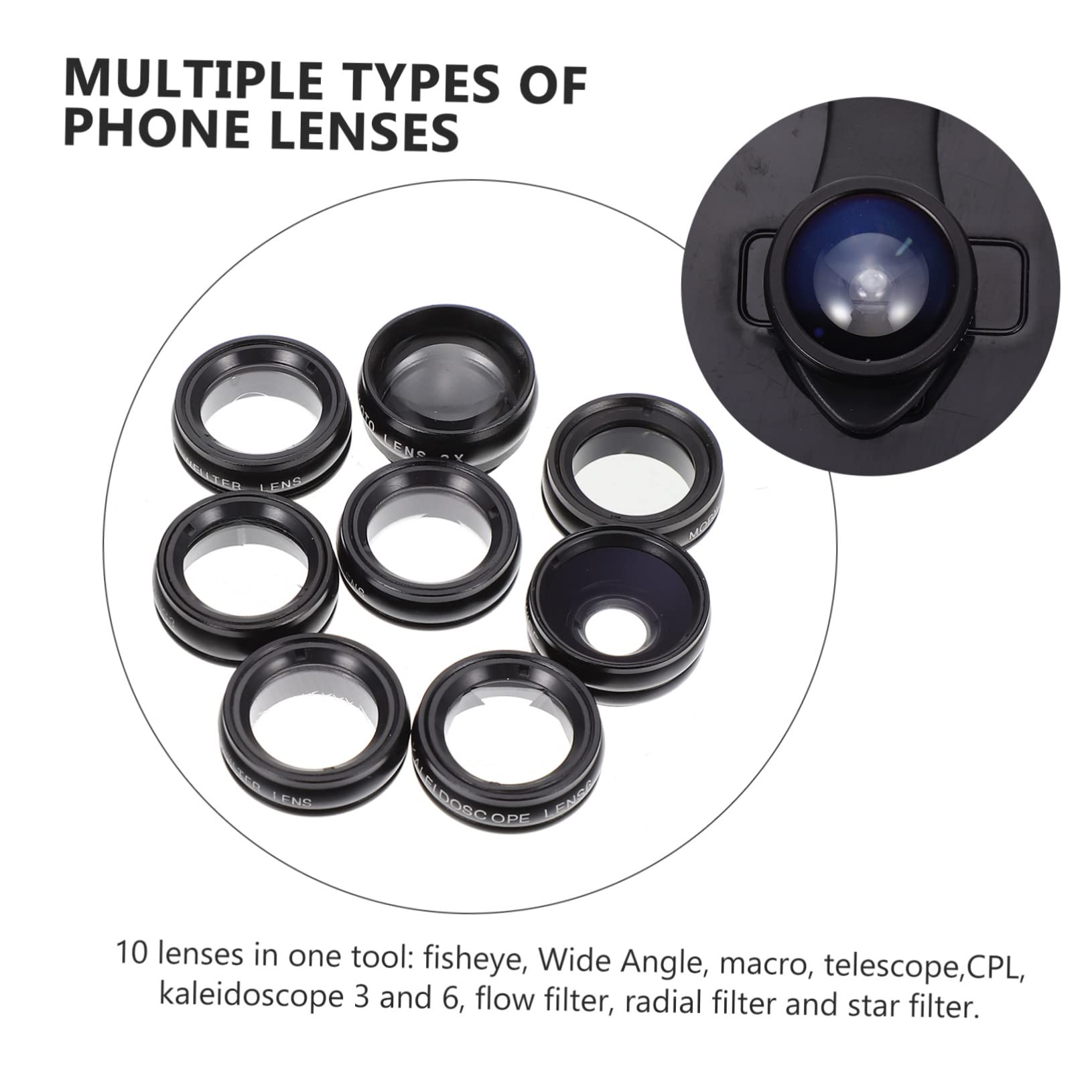 Clip Obiettivo per Fotocamera Telefono 10 in 1 Nero | Lega di Alluminio e Vetro, Set da 1 Pezzo, Ampio Campo Visivo, Primi Piani Nitidi