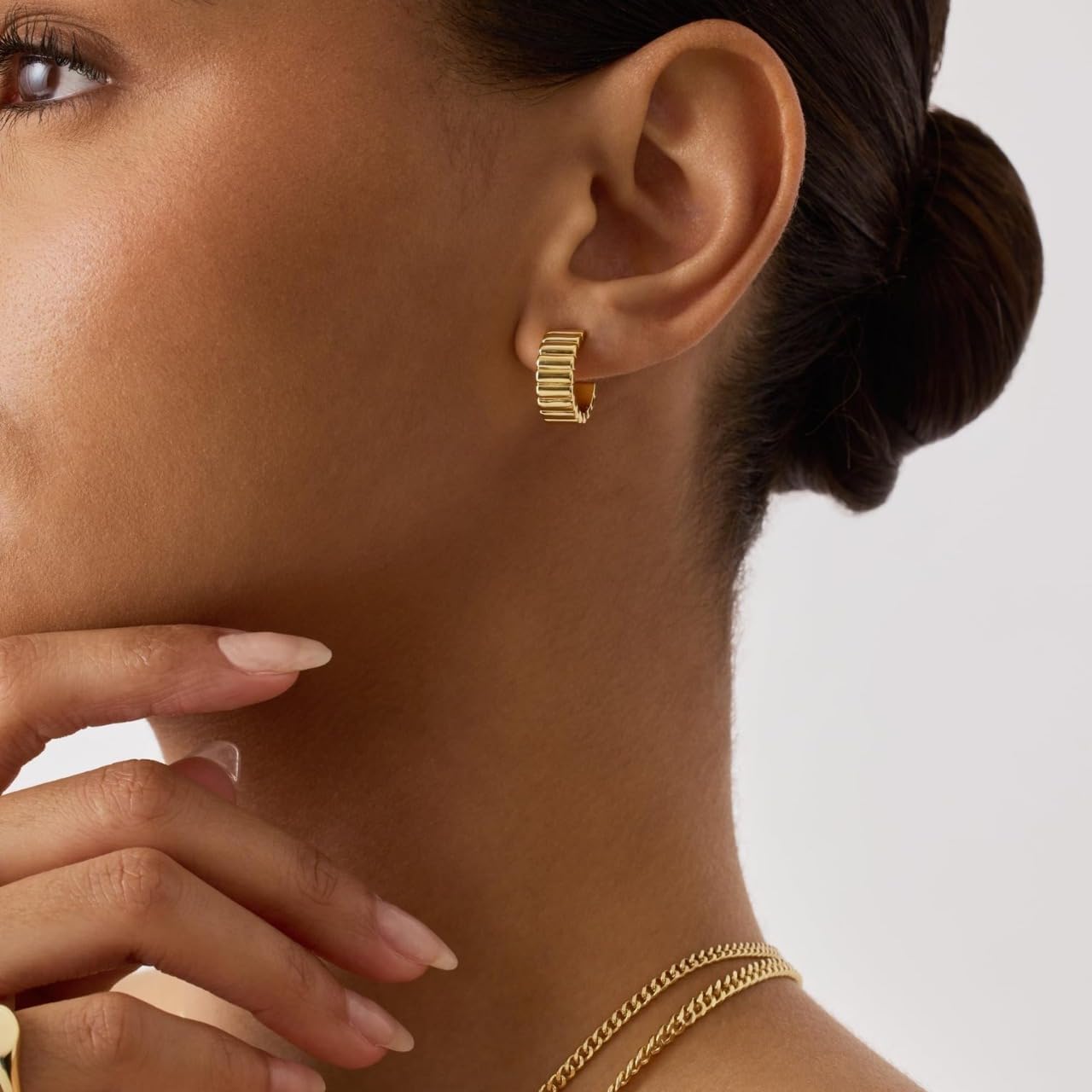 18K Gold Plated Ribbed Hoop Earrings – Modern Scallop-Edged Huggie Stud Hoops for Women, Minimalist Statement Jewelry - Image 4