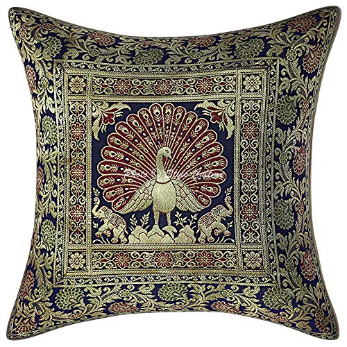Image of Decorative Brocade Cushion Covers 16 Inch x 16 Inch Banarasi Jacquard Navy Blue & Gold Living Room Peacock Festive Decor Square 40x40 cm Zippered Sofa Settee Pillowcases -Set of 2 Pcs