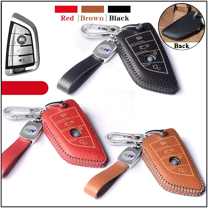 Image of JVCV Soft Handmade Lychee Pattern Leather Key Cover Compatible with BMW X1 X3 X6 X5 5 Series 6 Series 7 Series 4 Button Blade Smart Key | Premium Leather Protective Case (Brown)