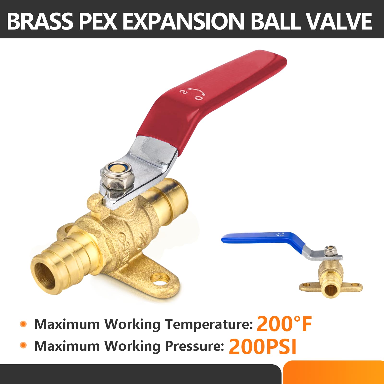 HeSun 10 válvulas de bola de expansión PEX A de 1/2 pulgada con oreja de caída, válvula de cierre de latón para tubo de expansión PEX A, ASTM F1960, rojo y azul