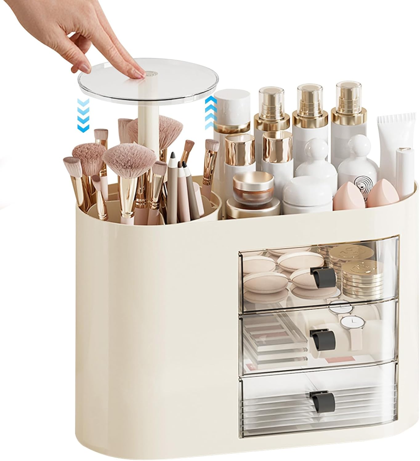 DASITON Makeup Organizer with 3 Drawers,Automatic Lifting Makeup Brush Holder with Lid,Large Capacity Makeup Organizers for Vanity,Bathroom Countertop,Ideal Storage Skin Care,Brushes,Lipstick (White)